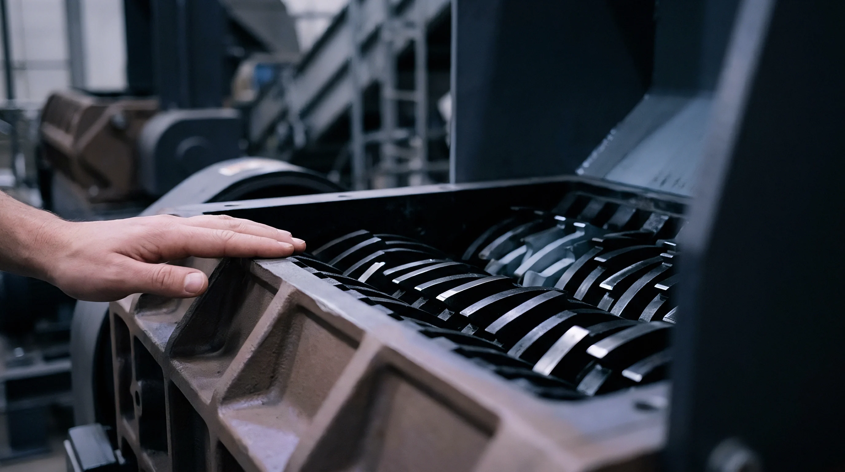 An industrial worker rests a bare hand near heavy rotating shredder blades inside a busy metal processing facility.