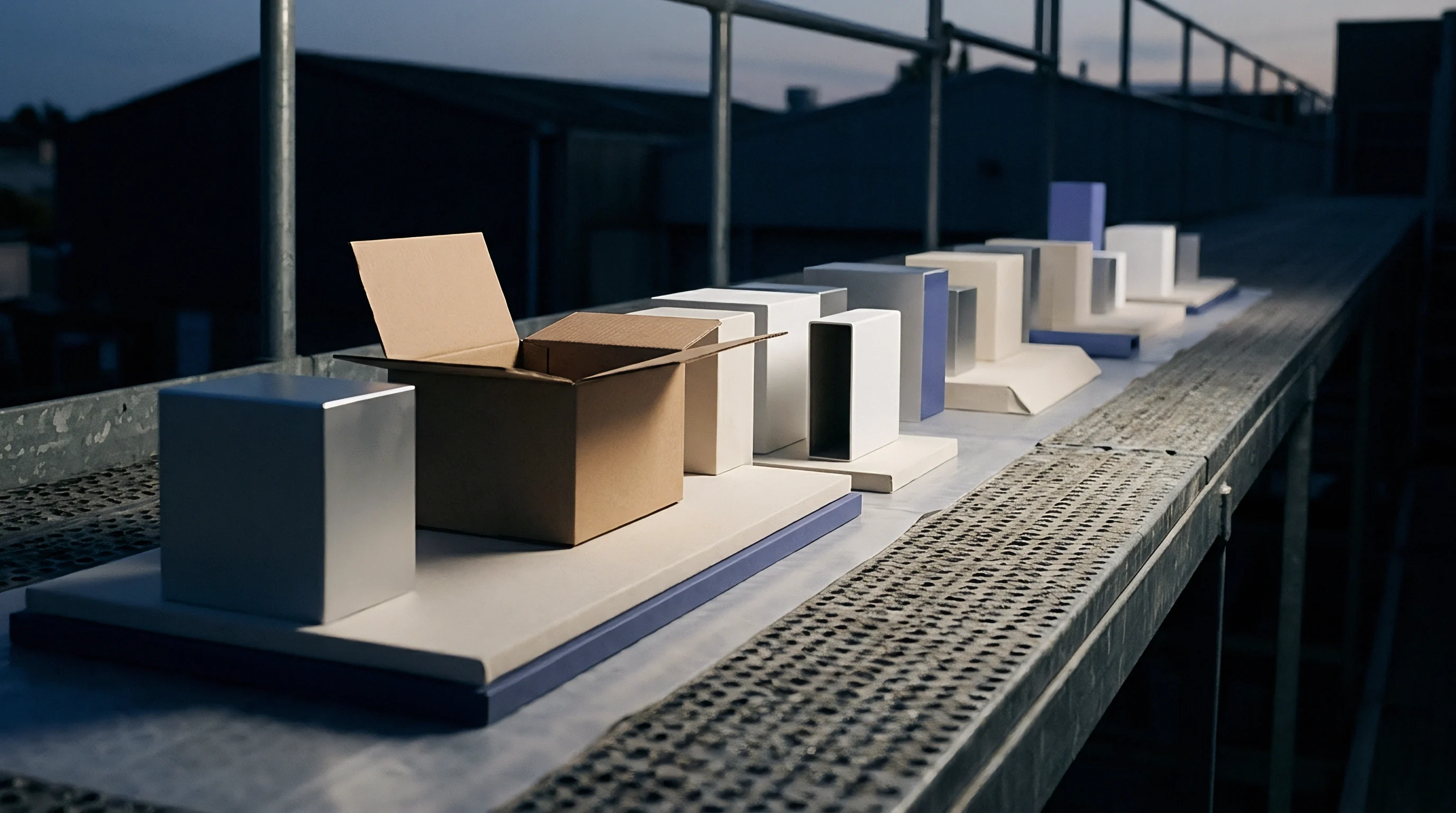 A sequence of cardboard boxes and geometric metal and plastic prototypes sits arranged on an elevated industrial steel platform.