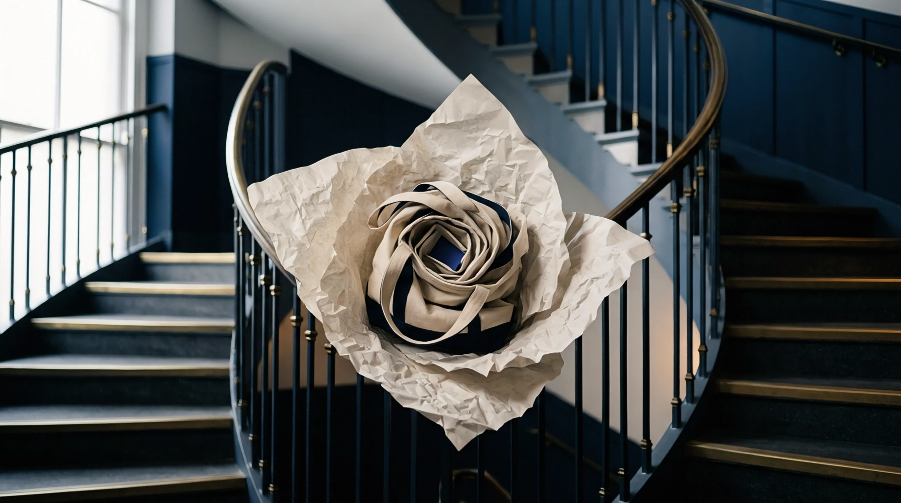 A fabric tote bag nested within crumpled protective wrapping paper is suspended before a multilevel staircase featuring dark metal balustrades.