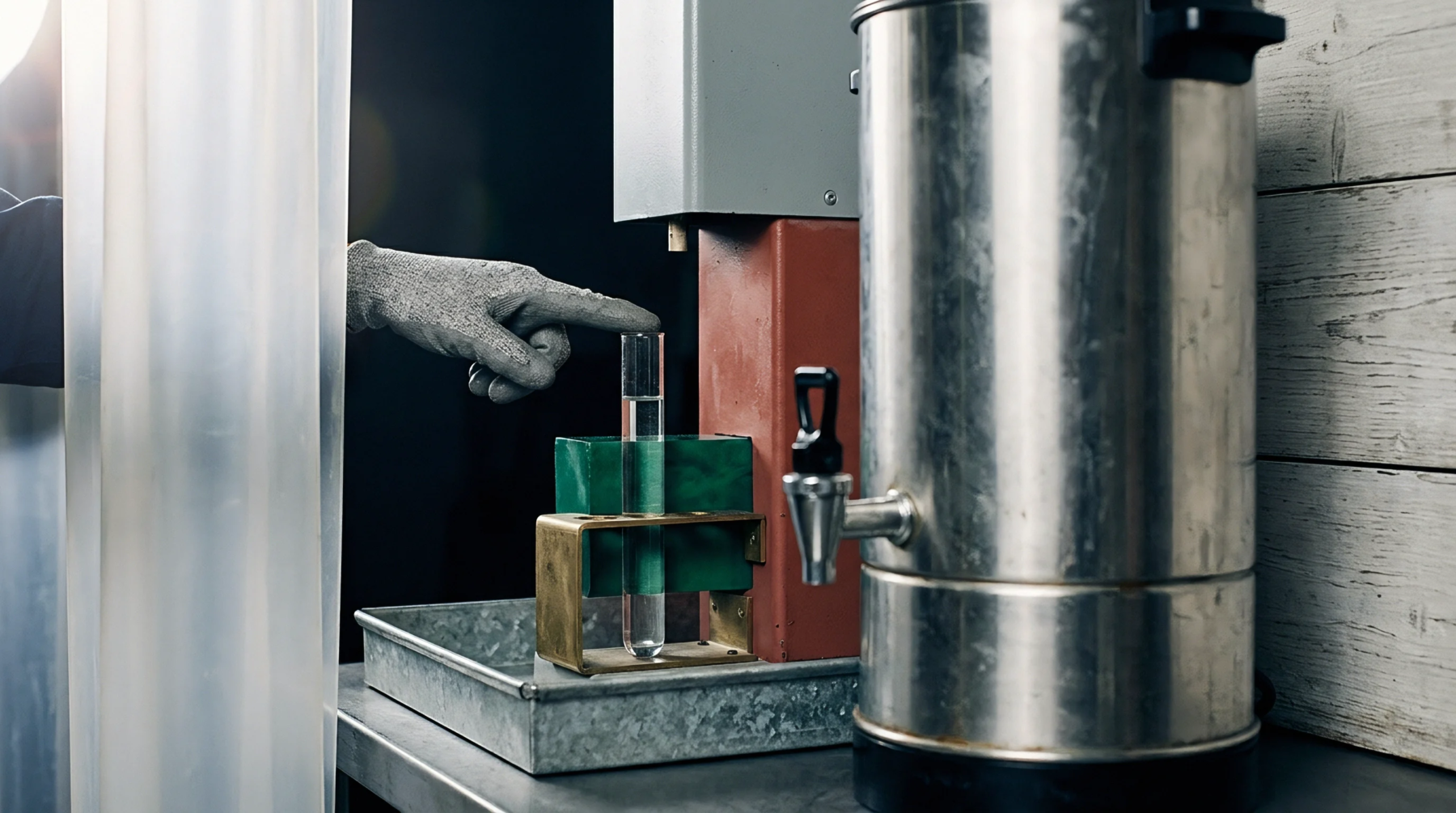 A gloved hand indicates a single transparent test tube secured within a metal rack near a stainless steel liquid container on a workbench.
