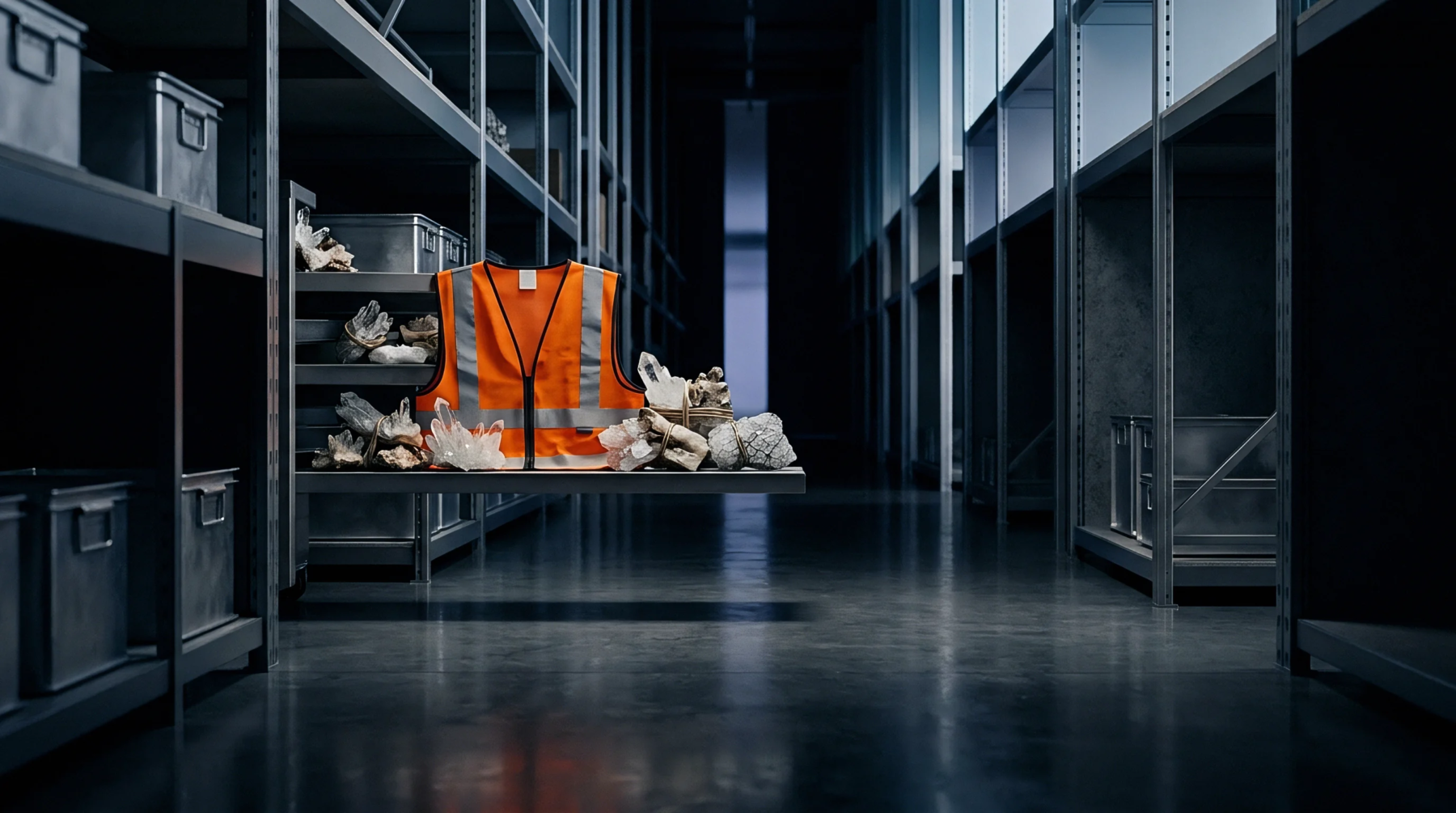 An orange safety vest rests on metal shelving alongside unrefined crystal clusters within a darkened warehouse storage aisle.