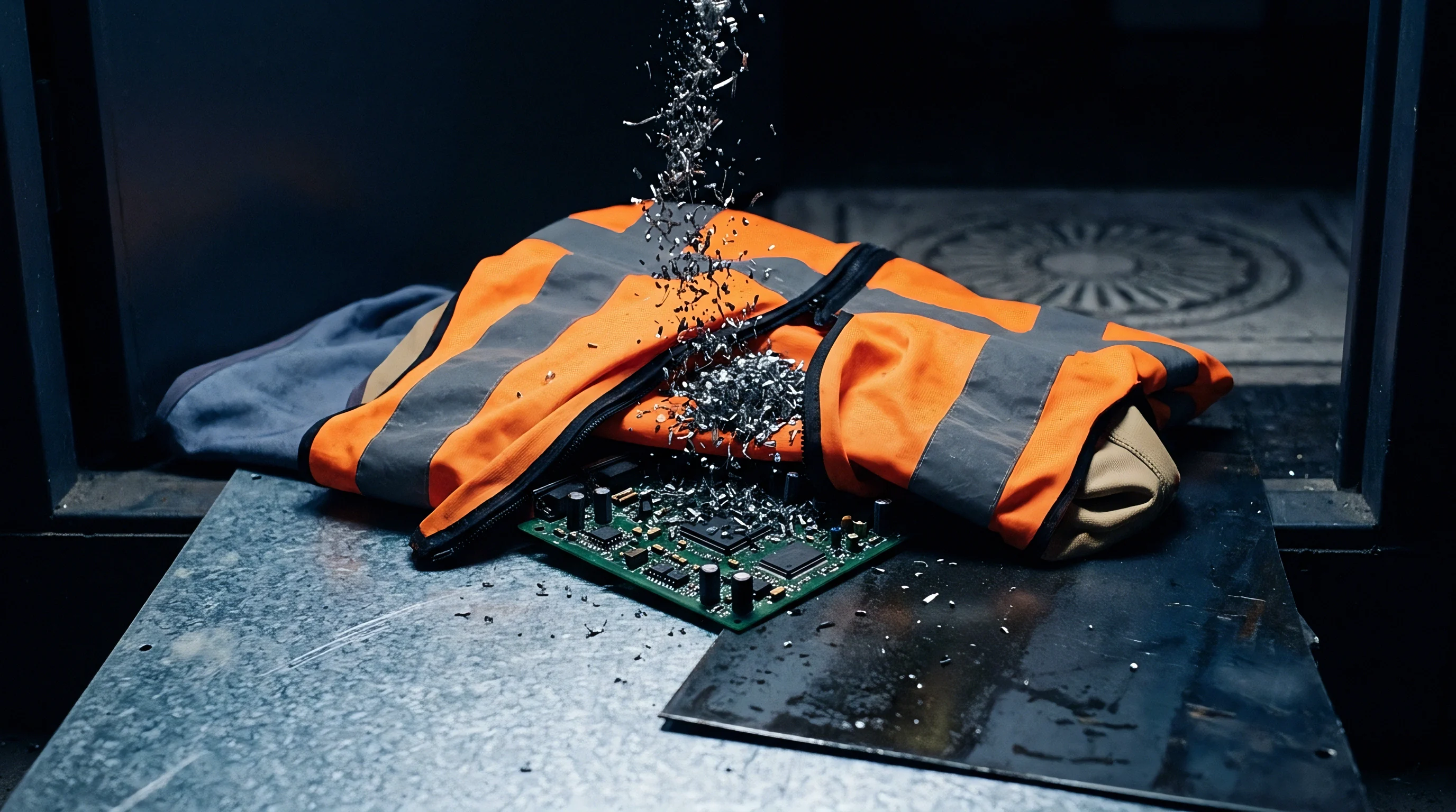 Metallic chips cascade over a high visibility safety vest and a printed circuit board resting on a weathered galvanized metal tray.