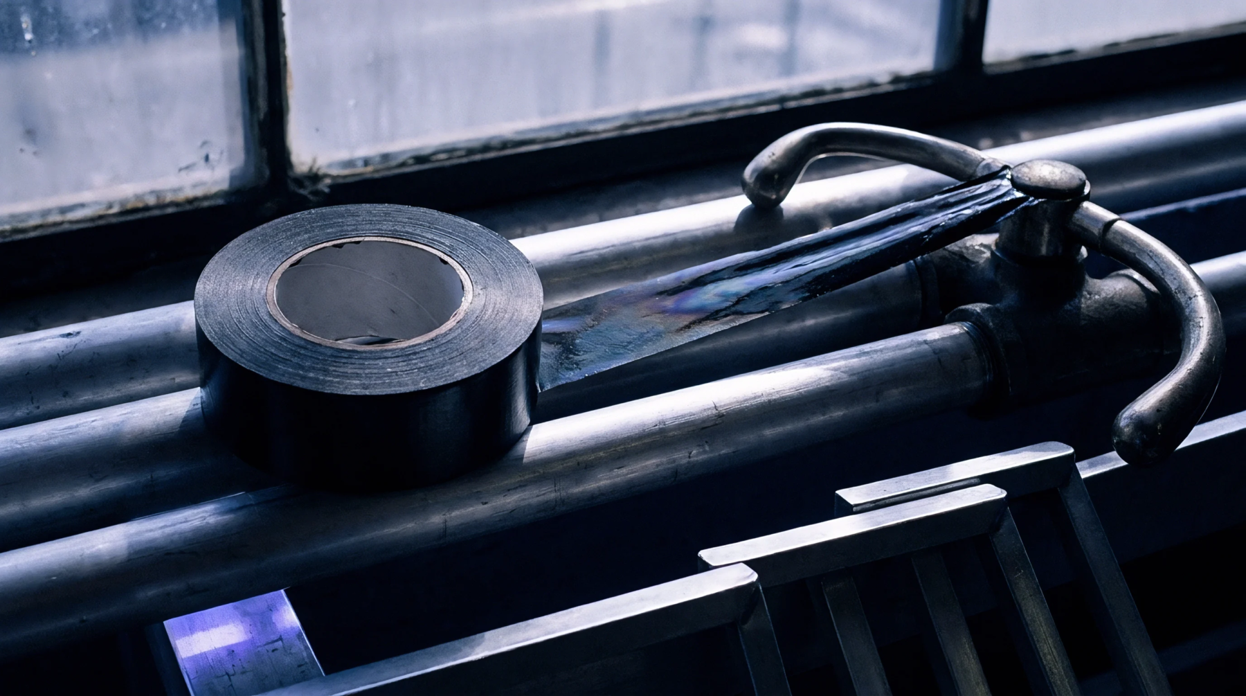 A roll of black repair tape rests on several metal utility pipes adjacent to a corroded control valve handle within an industrial environment.