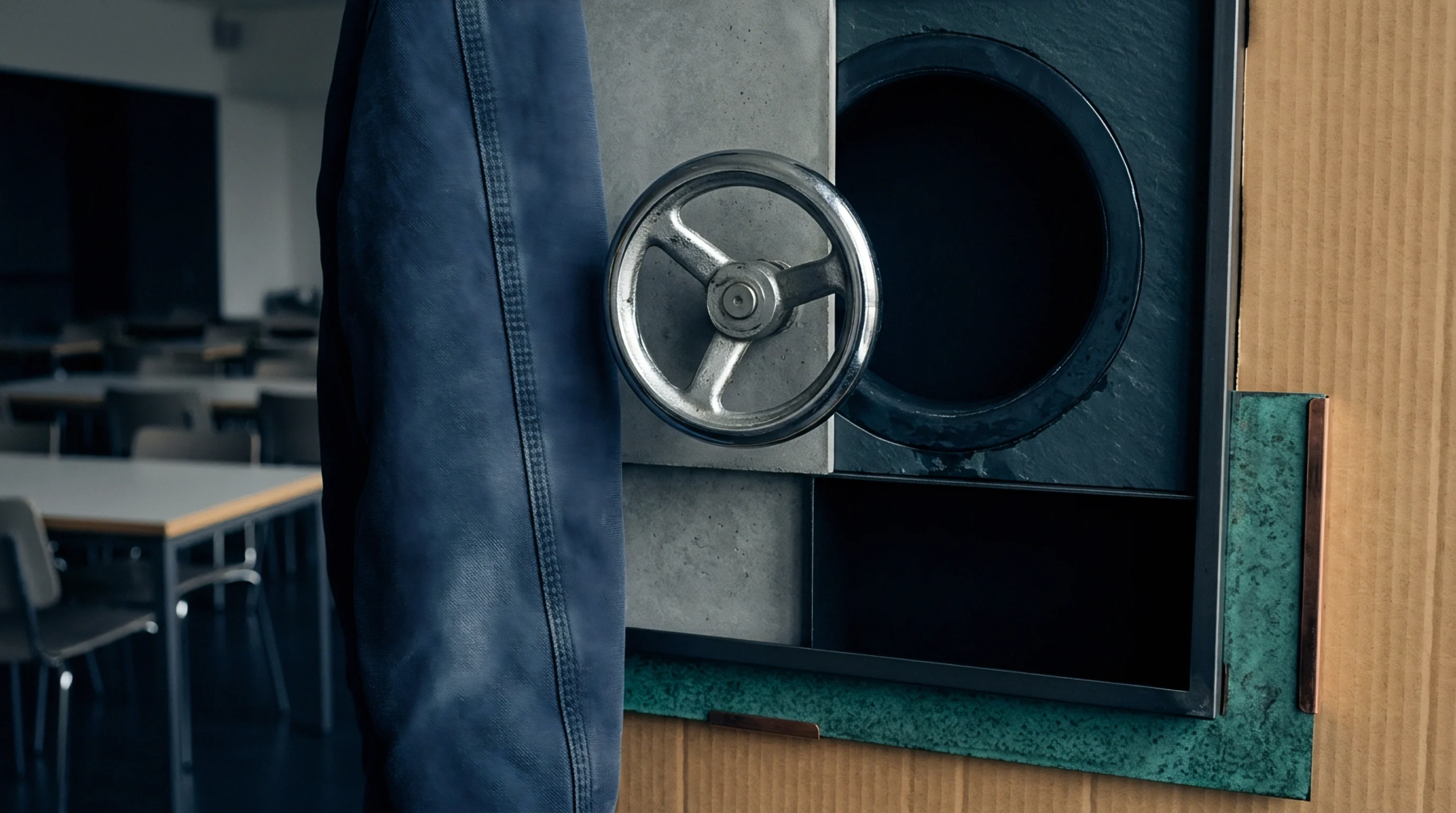 A steel circular handwheel sits on a gray metal door beside a hanging blue work jacket within an organized facility interior.