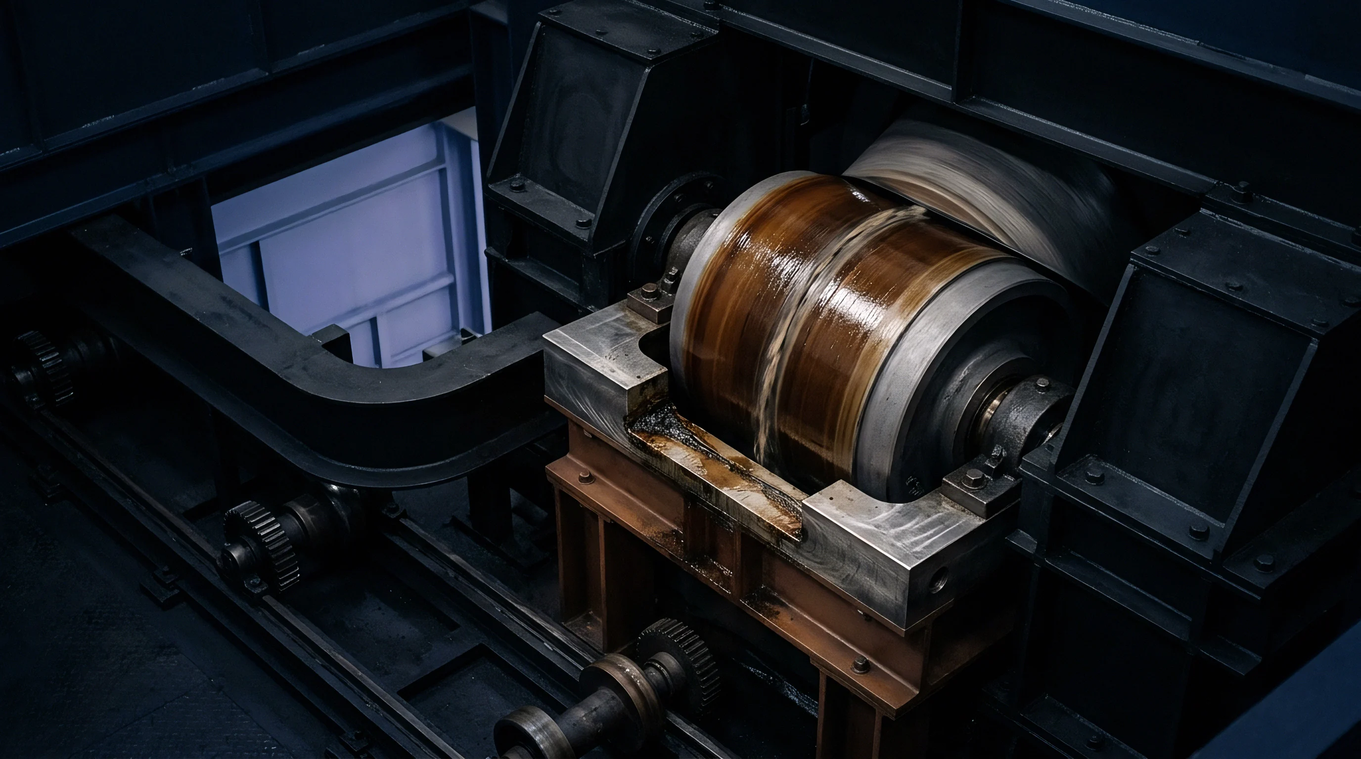 A heavy industrial steel roller rests within a dark machinery frame reflecting accumulated lubrication grease from consistent high speed manufacturing production cycles.