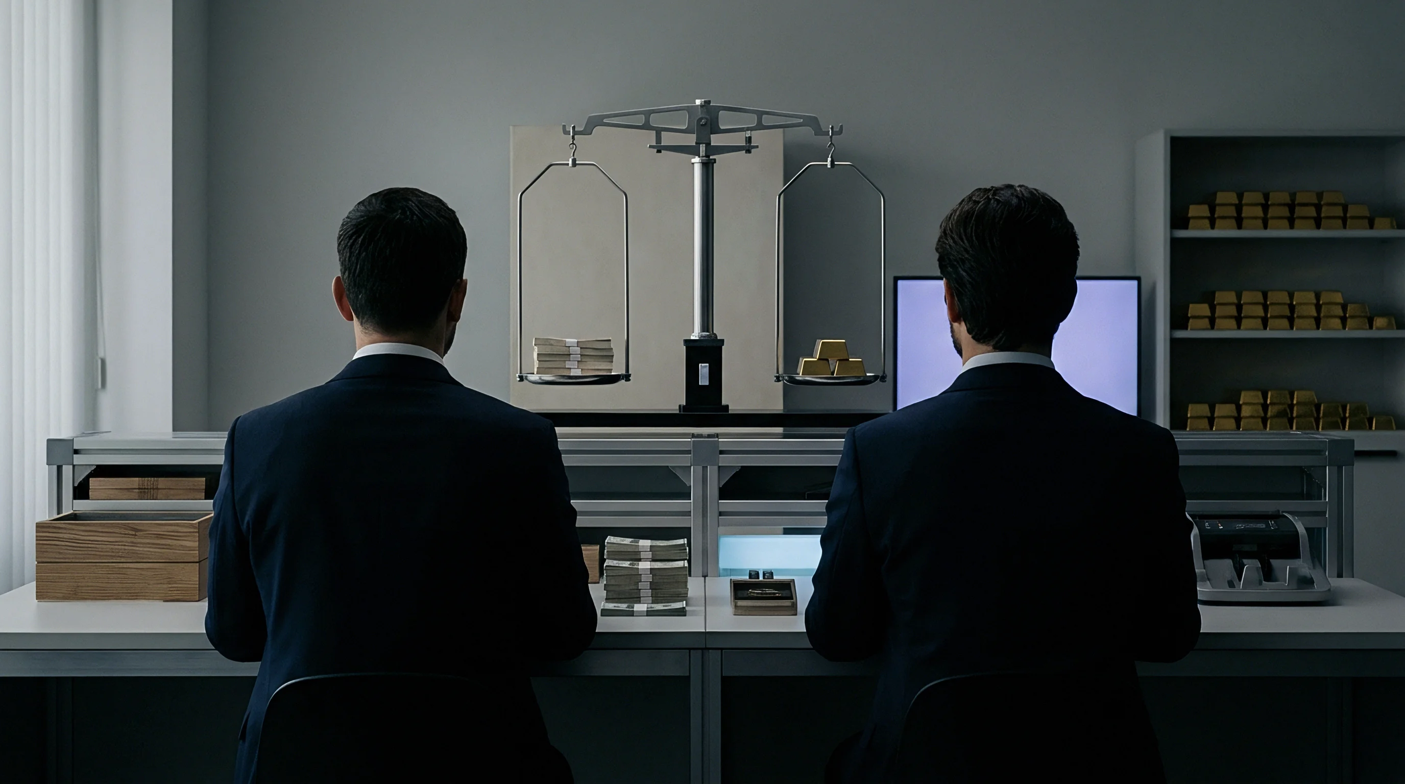 Two corporate executives sit at industrial workstations before a mechanical scale weighing currency against bullion within a production control room.