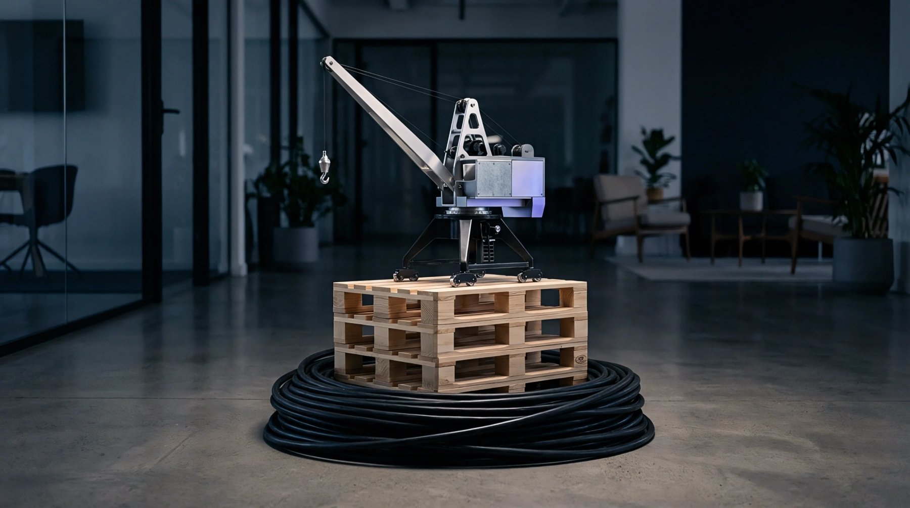 A miniature crane sits atop stacked wooden pallets resting on a large cable coil within an office workspace.