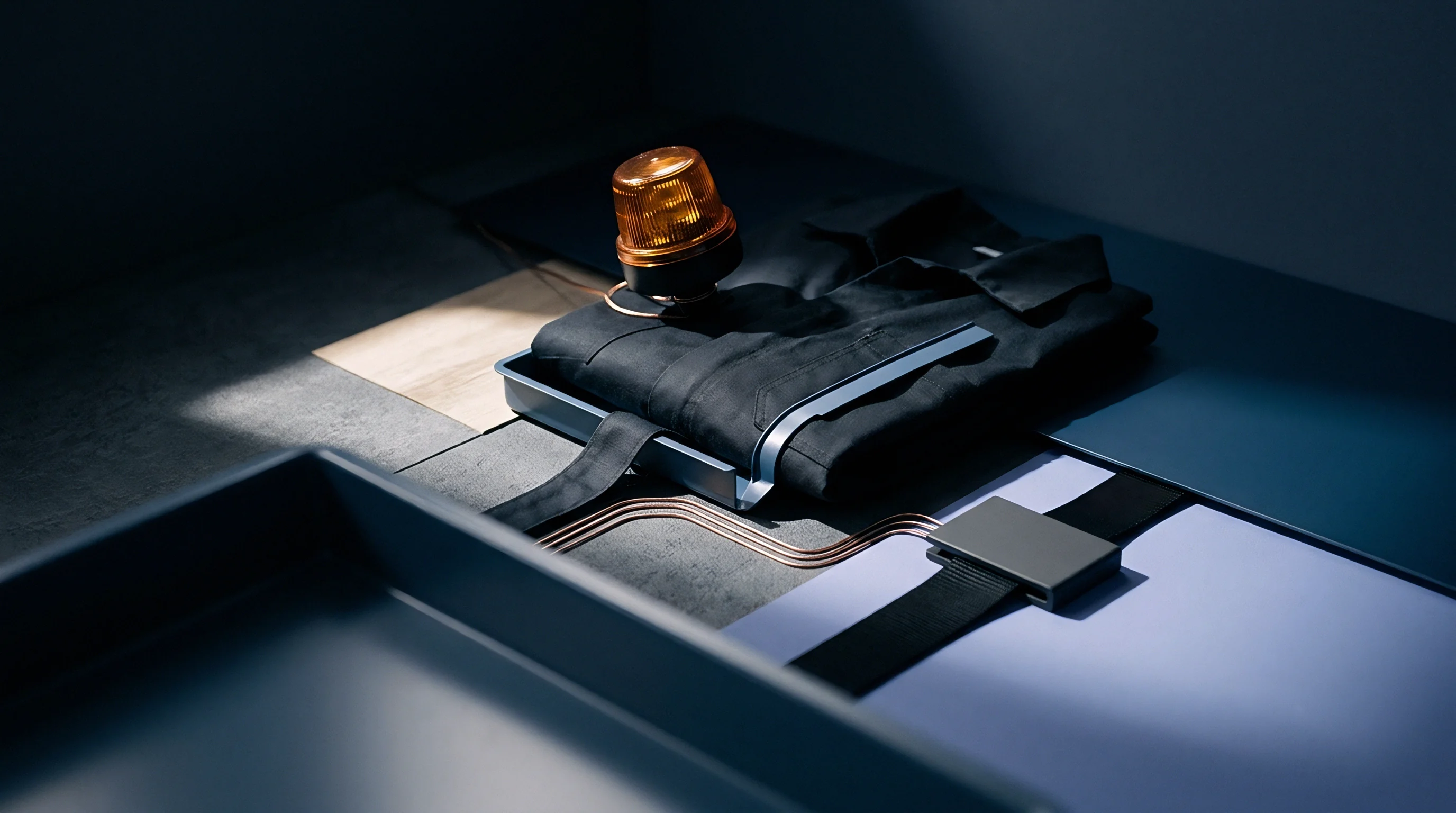 An orange warning beacon rests atop a folded black textile garment positioned near electronic sensor components on modular manufacturing work surfaces.