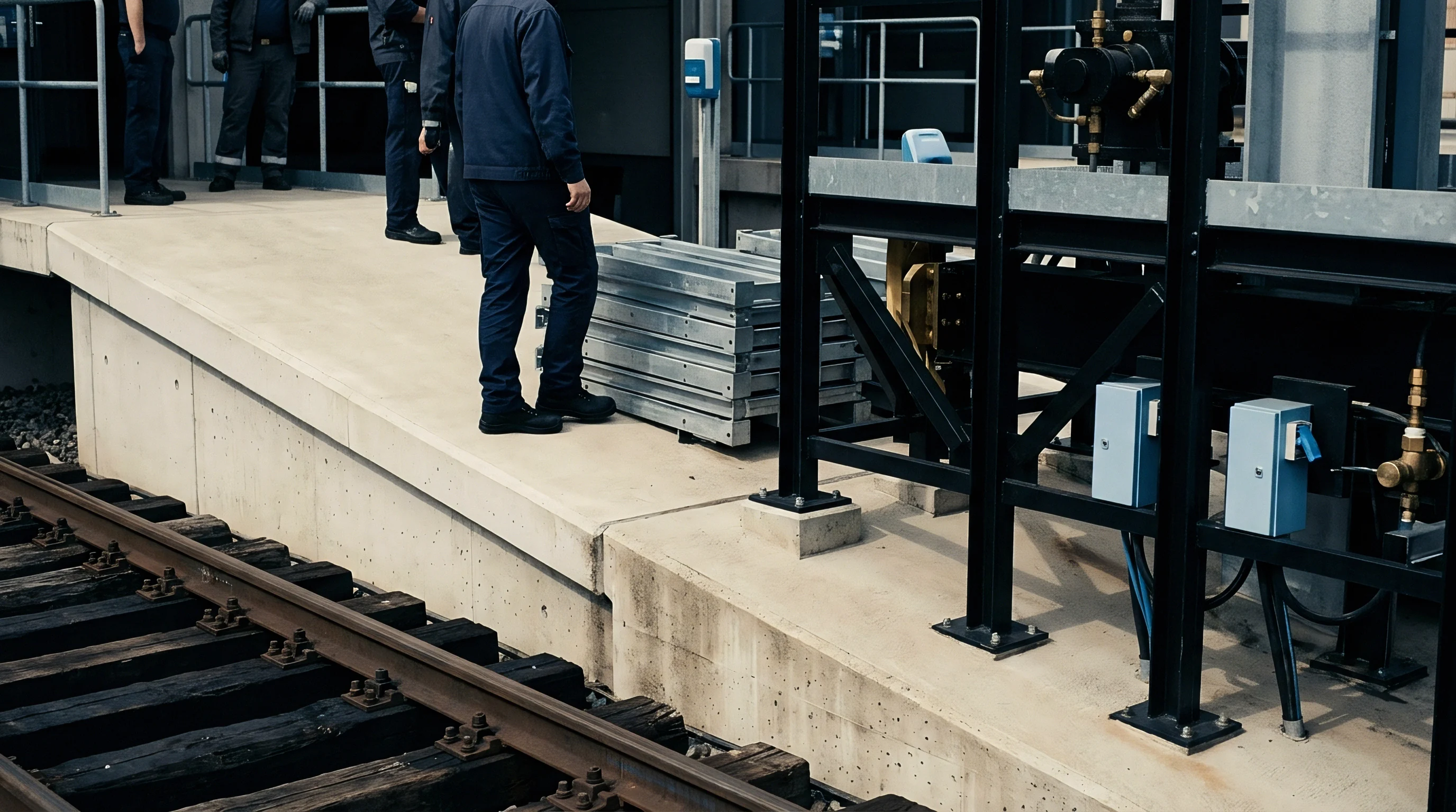 Several workers stand on a concrete platform beside train tracks next to stacks of industrial metal components and equipment.