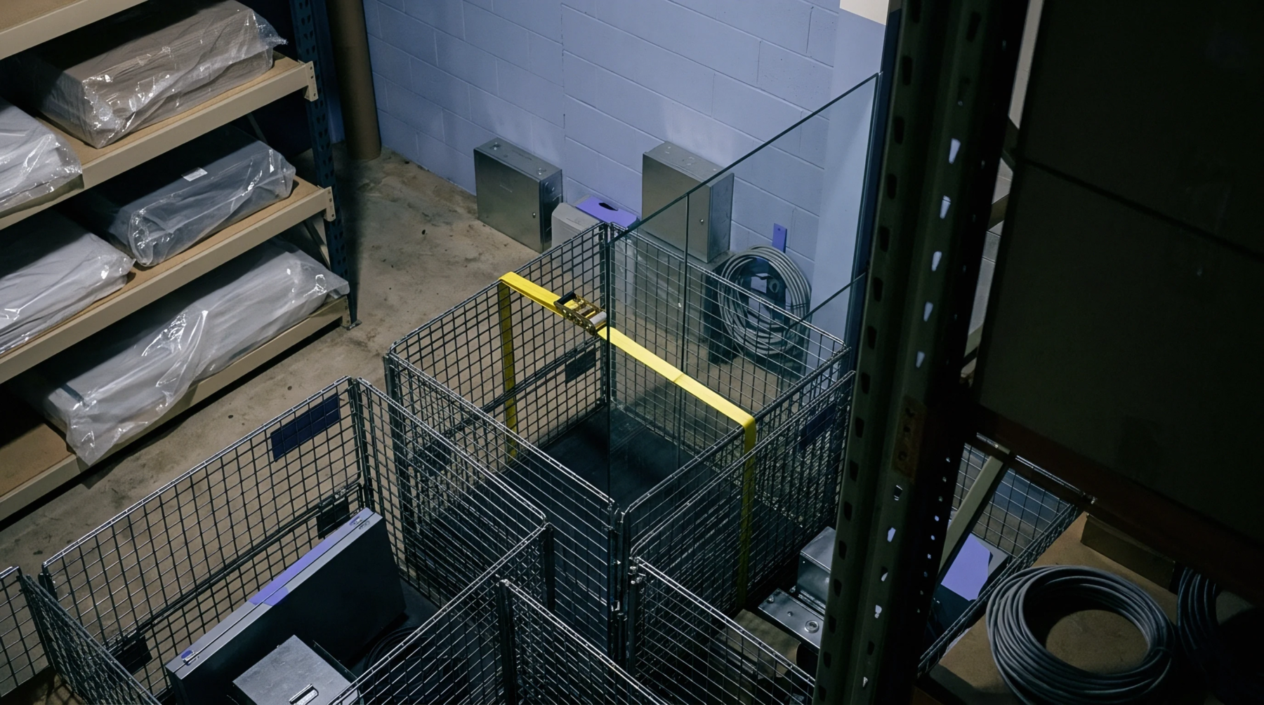 The image shows wire mesh cages and shelving units containing stored materials within a warehouse environment.