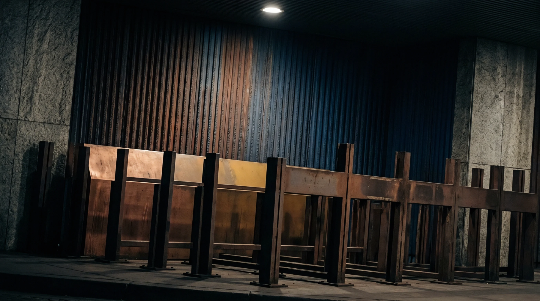 Unfinished steel framework structures stand before a weathered corrugated metal wall in a dimly lit industrial setting.