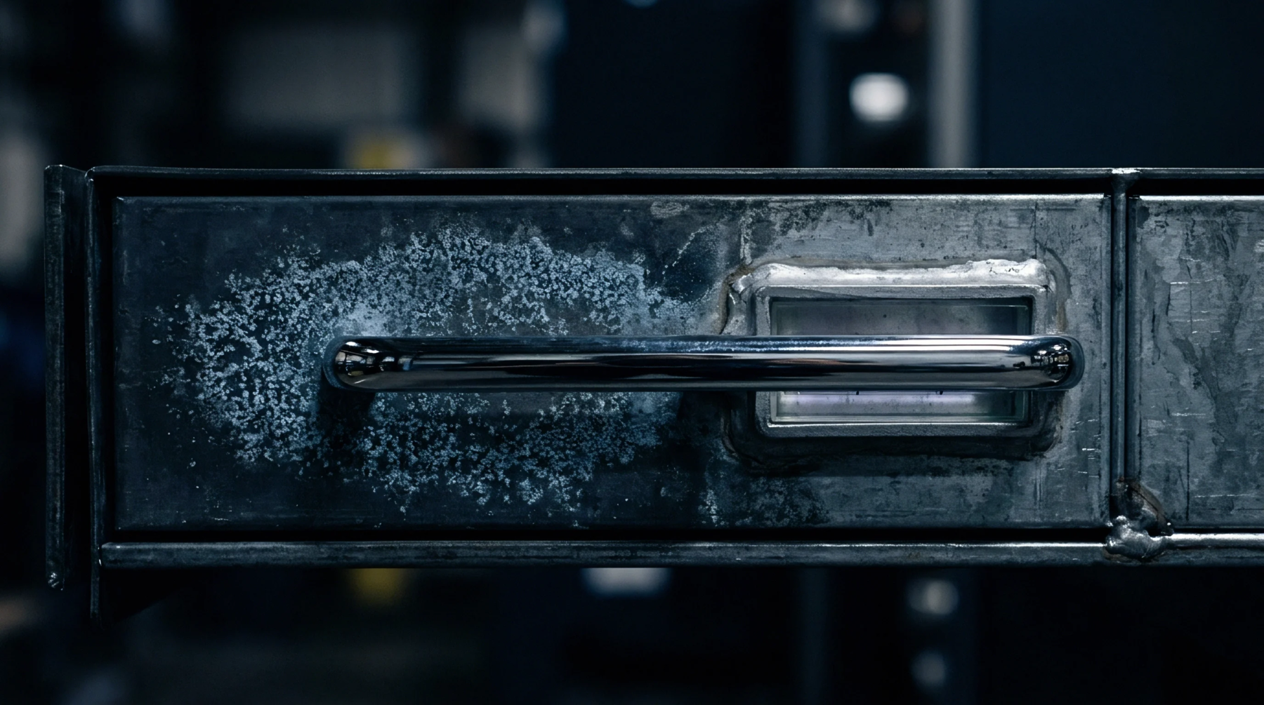 Oxidized galvanized steel industrial component drawer with a chrome pull handle mounts inside a workshop assembly storage rack.