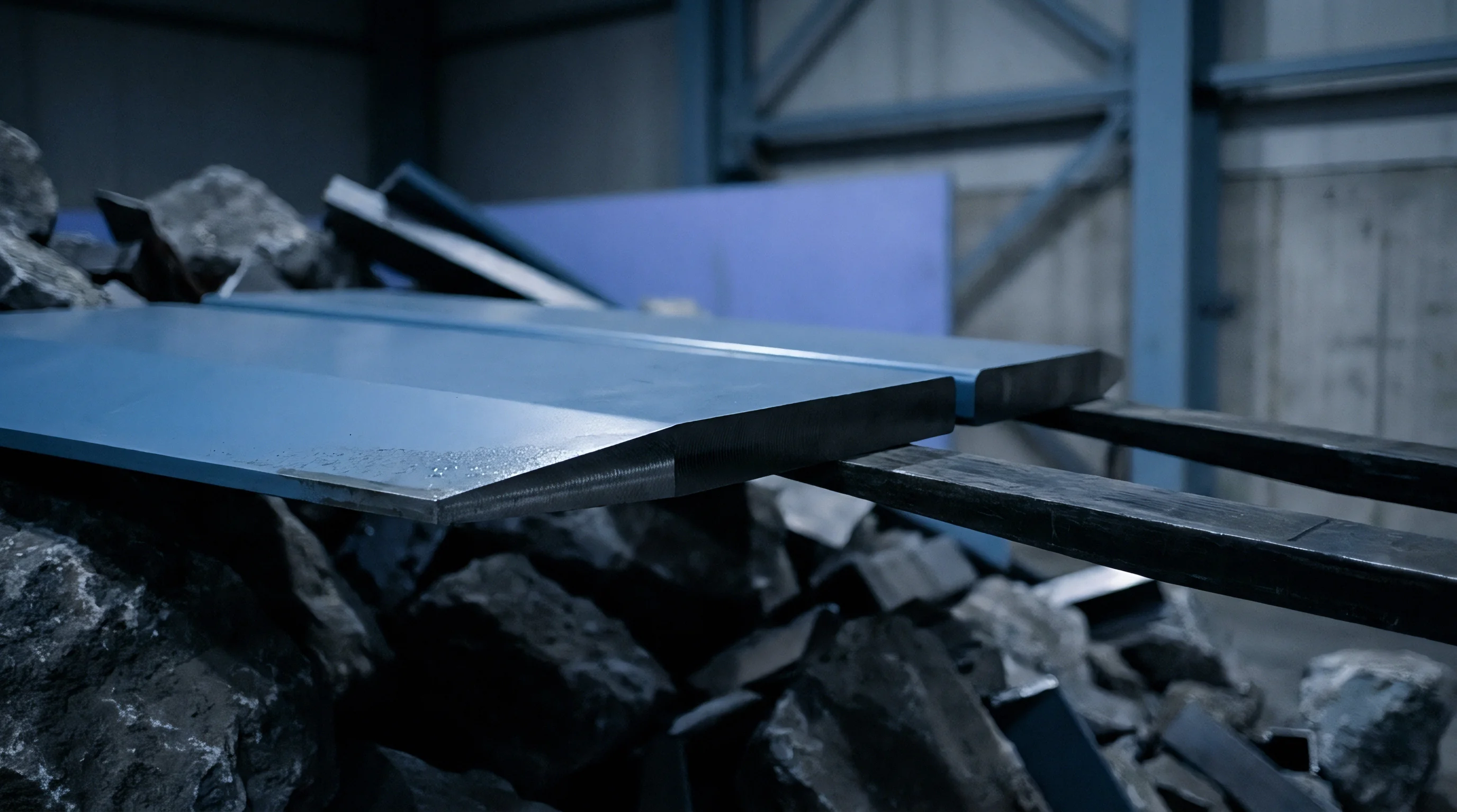 Heavy industrial forklift tines lift painted steel plates above mixed scrap materials inside a manufacturing facility.