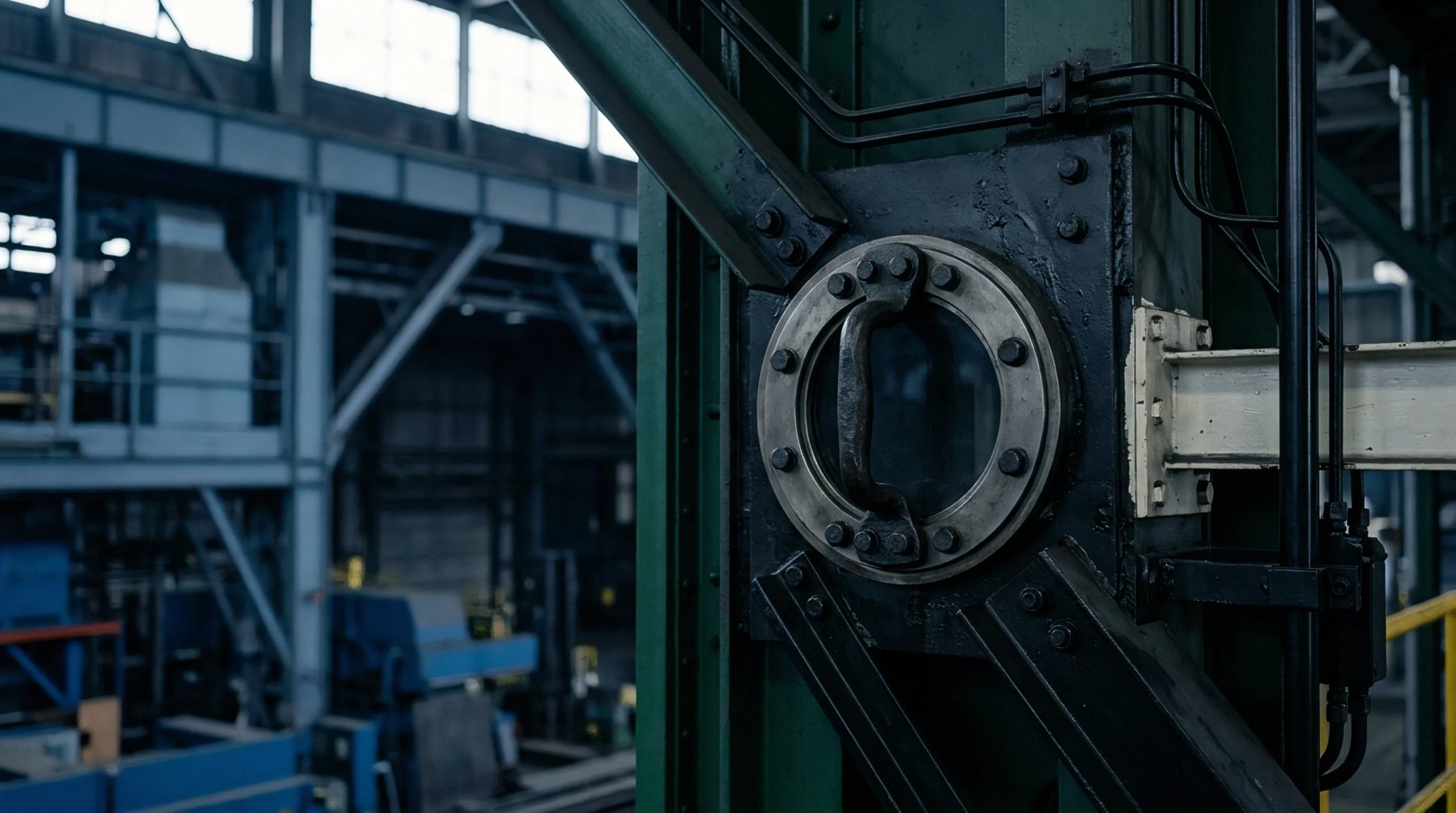 Heavy steel structural columns fitted with bolted industrial inspection ports dominate the interior of an active manufacturing facility floor.