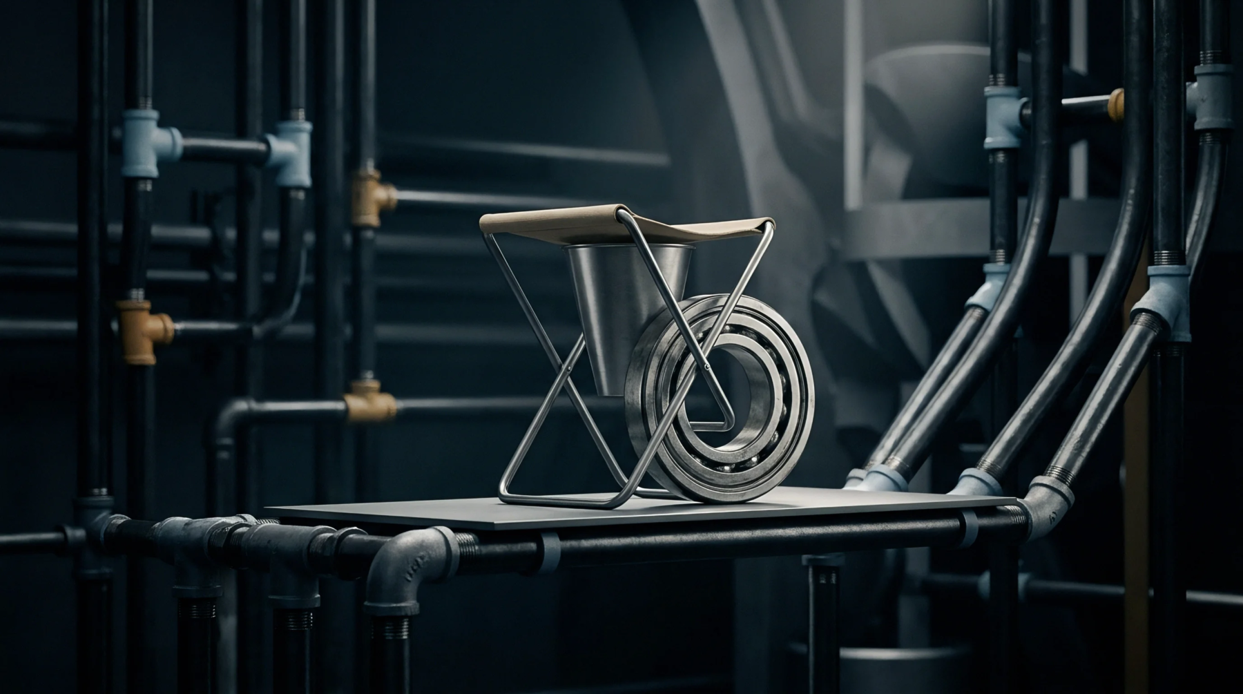 An illustration depicts industrial piping infrastructure alongside precision mechanical bearings and a portable operator stool on a work surface.