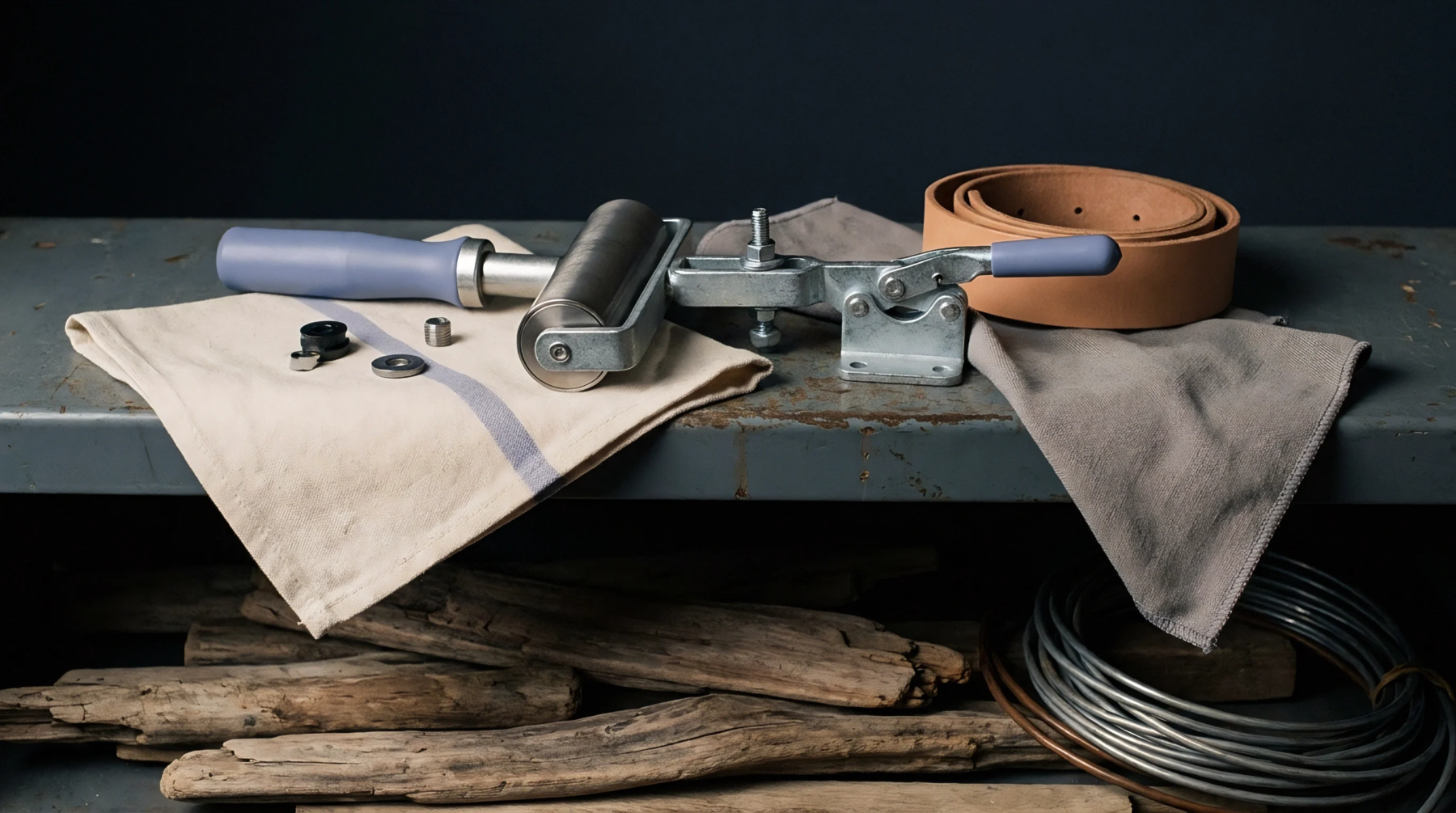 A metal workstation shelf displays manual assembly tools including a roller and toggle clamp alongside raw leather and coiled wire.