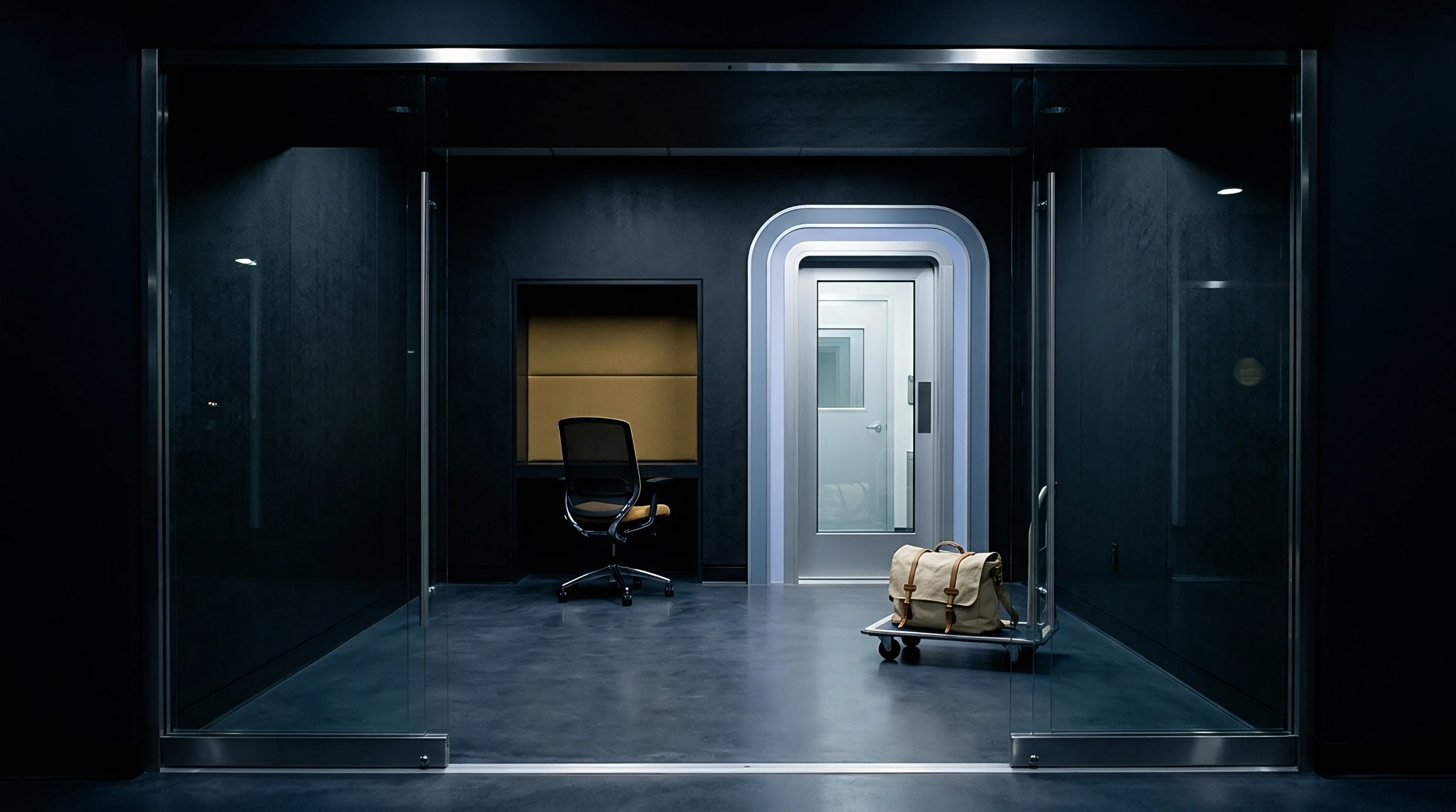 A workstation with an ergonomic chair and a mobile transport cart occupy a dark industrial chamber leading to a lit laboratory.
