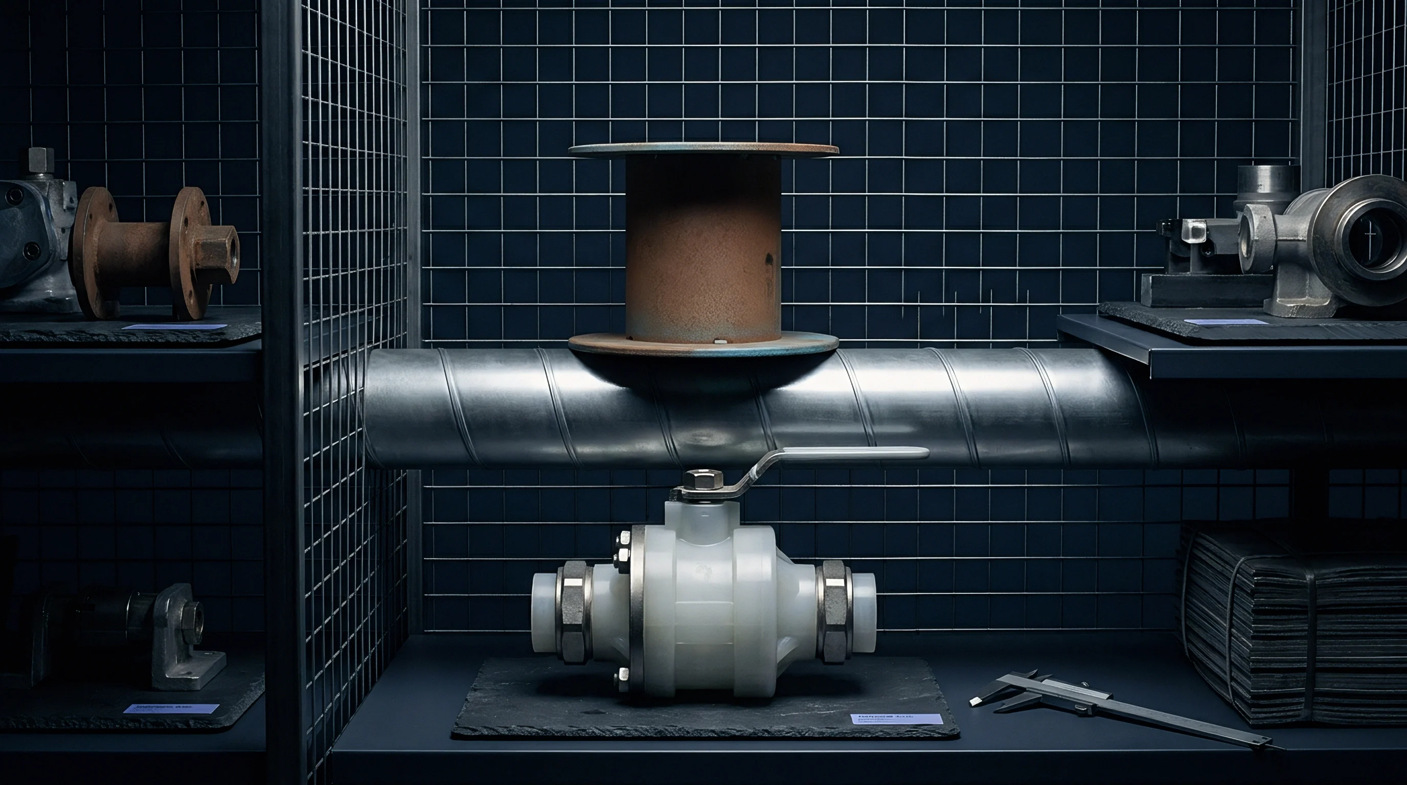 A curated display features various industrial components including a white ball valve corrugated metal pipe and a rusty spool within a dark grid-shelved environment.