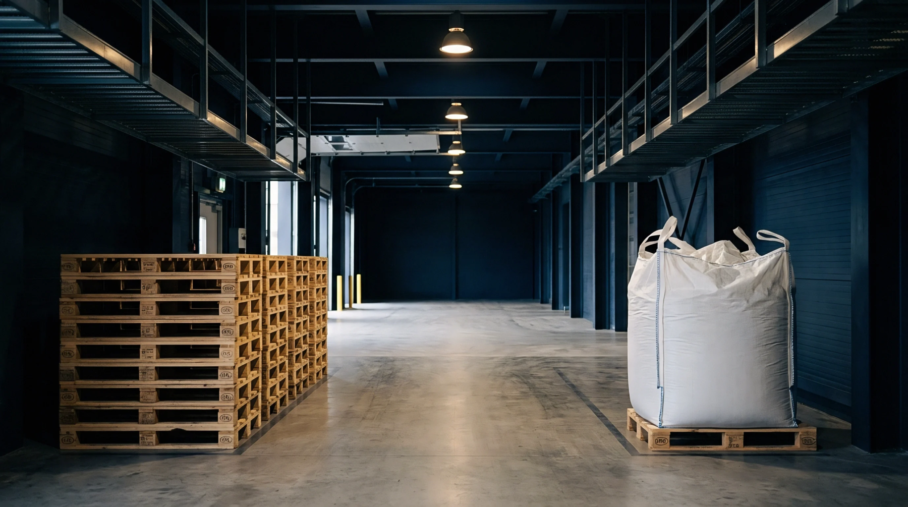 Wooden pallets and a large white bulk bag occupy the concrete floor of a dark industrial warehouse facility.