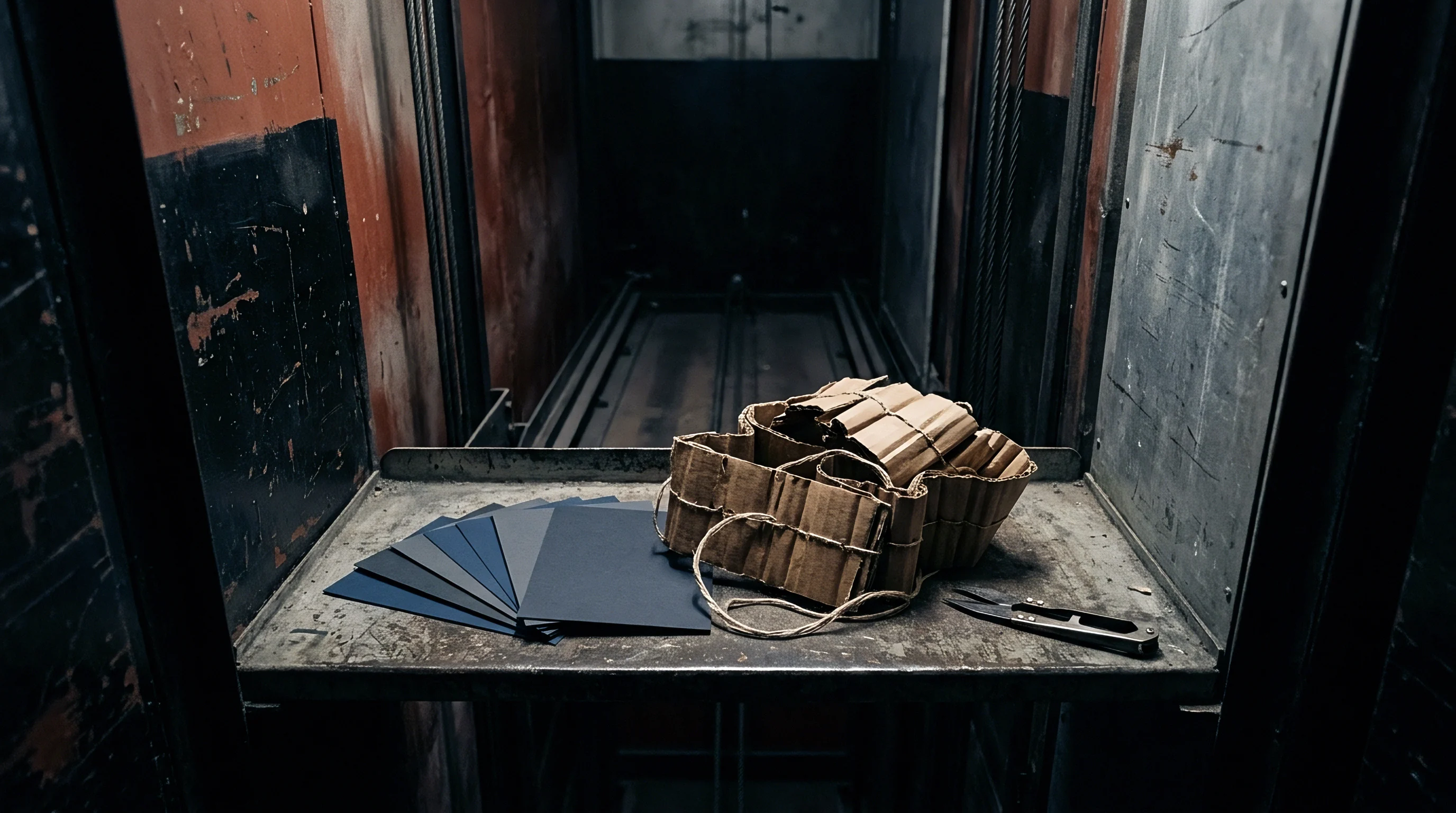 Industrial freight elevator interior contains a stack of dark paper sheets and bundled corrugated cardboard next to a metal utility knife.