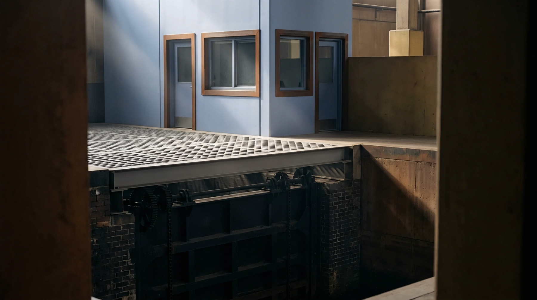 Metal walkways overlook industrial sluice gate mechanisms situated within a concrete chamber beside a blue administrative cabin in a water management facility.