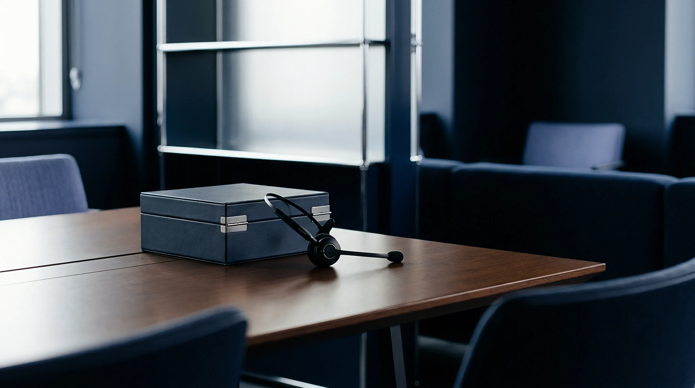 A wireless headset and rigid storage container rest on a dark wood table within a modular corporate office environment.