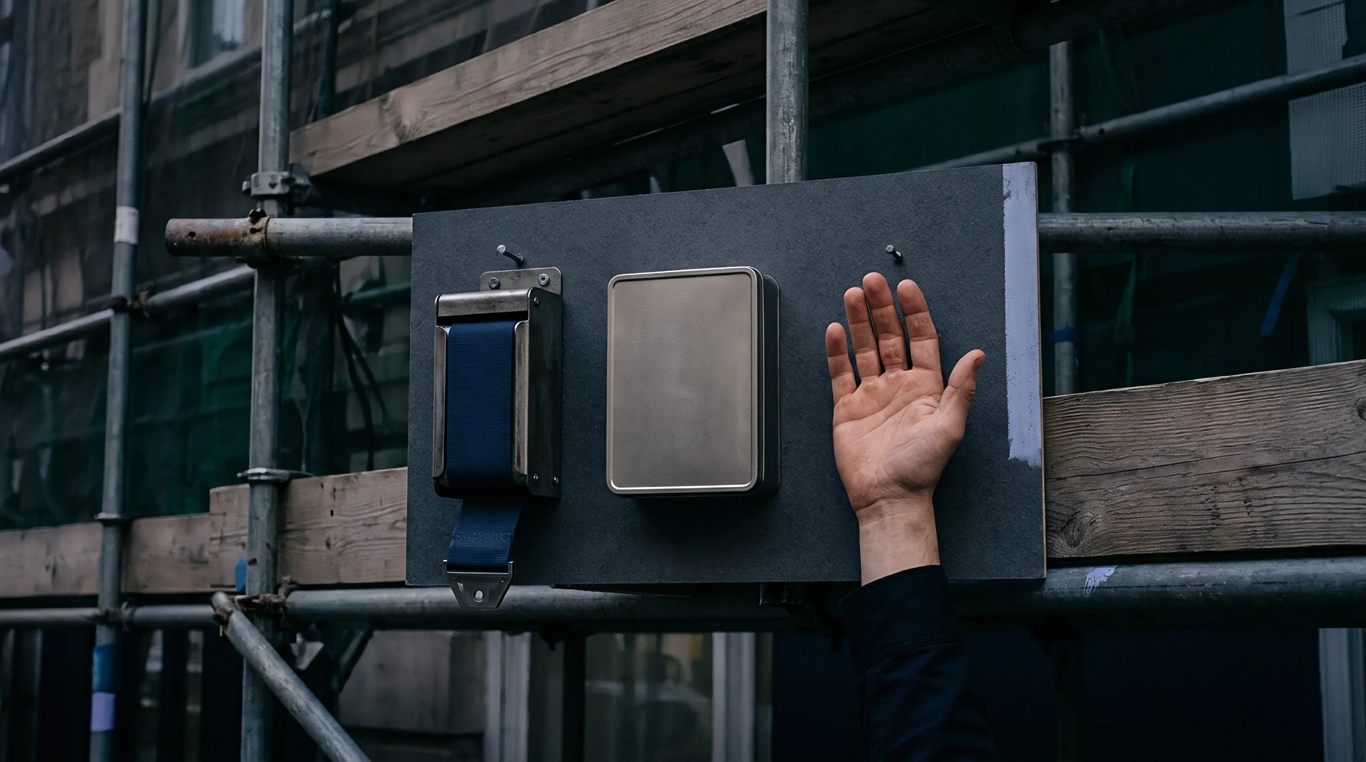 A mechanical strap assembly, a metal container, and a prosthetic hand are attached to a grey panel secured within a metal scaffolding structure.