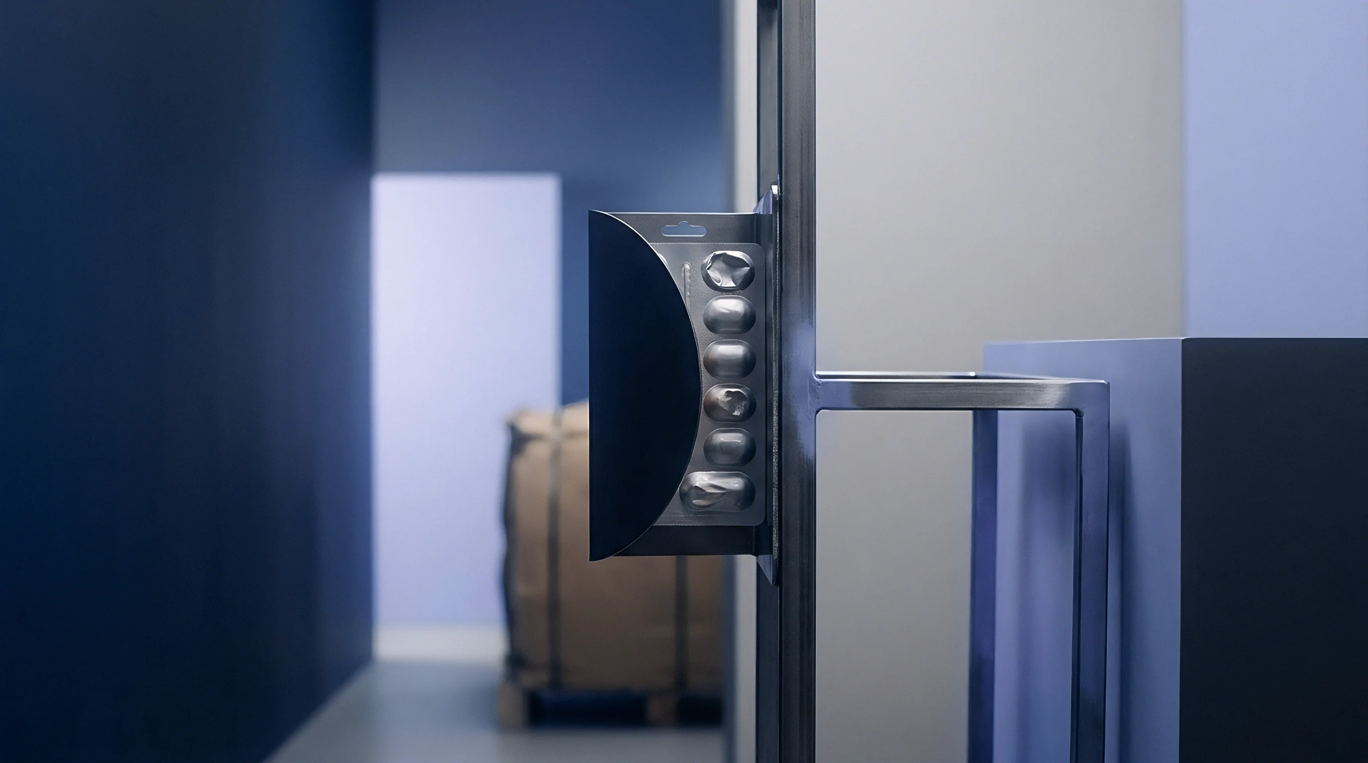 A wall-mounted modular dispenser holds a blister pack of small components, with one unit already dispensed, within an organized industrial interior.