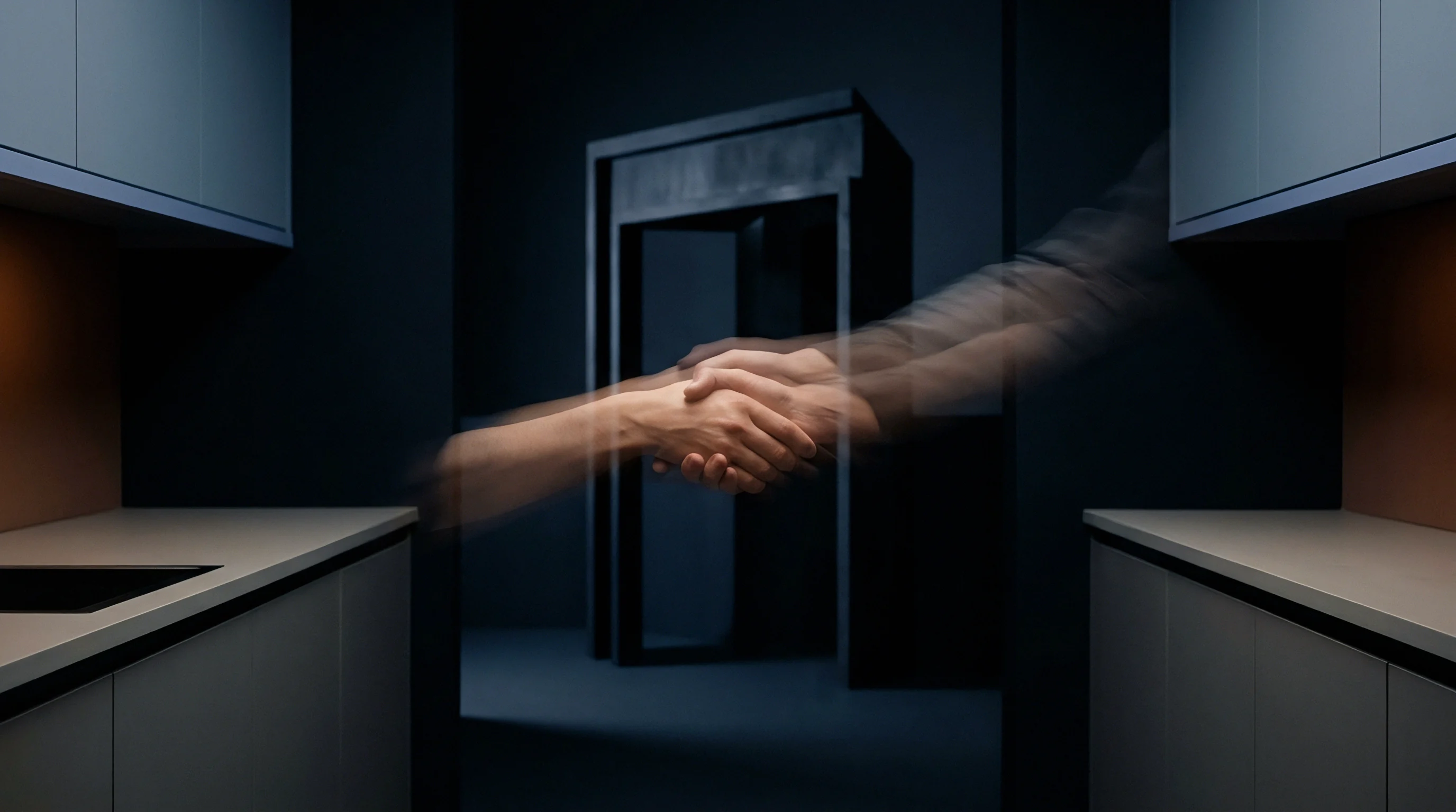 A motion blurred handshake connects two opposing dark modular workspaces through a centralized portal suggesting operational integration across manufacturing workflows.