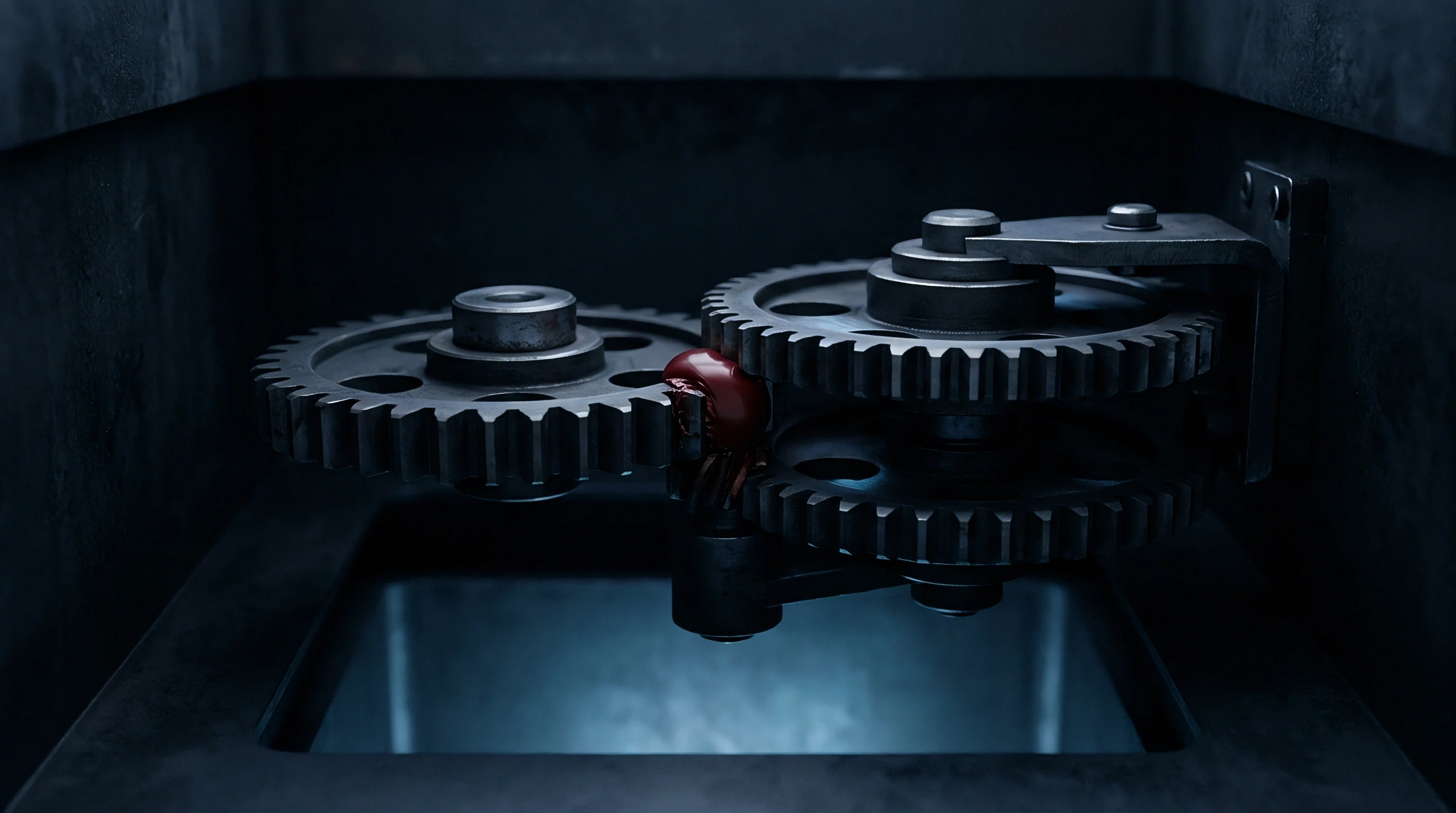 Polished steel gears mesh inside a dark industrial enclosure coated with viscous red lubricant bridging their precision teeth.