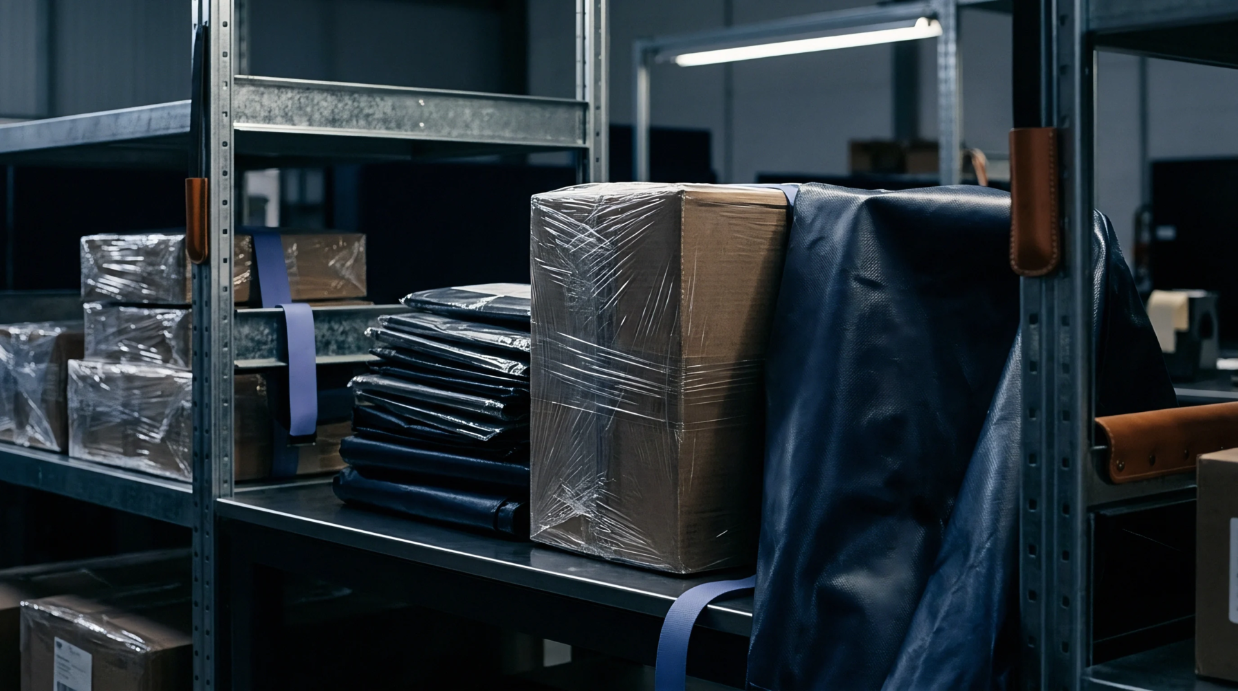 Metal shelving holds large plastic wrapped cardboard boxes beside stacked items and heavy fabric covers in a functional industrial warehouse space.