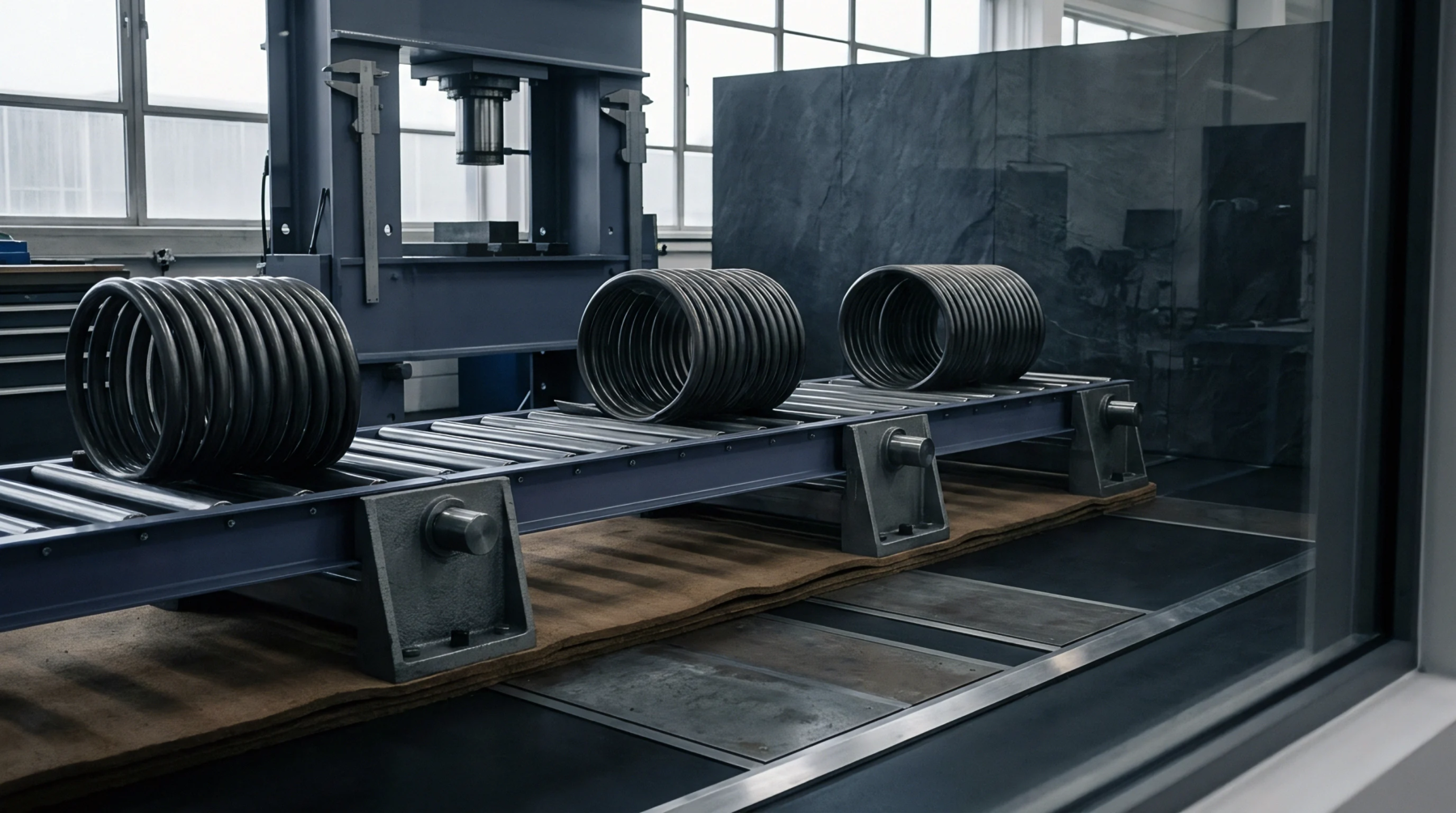 Three large, dark metallic coils rest on a roller conveyor system within a well-lit industrial manufacturing facility, ready for further processing.