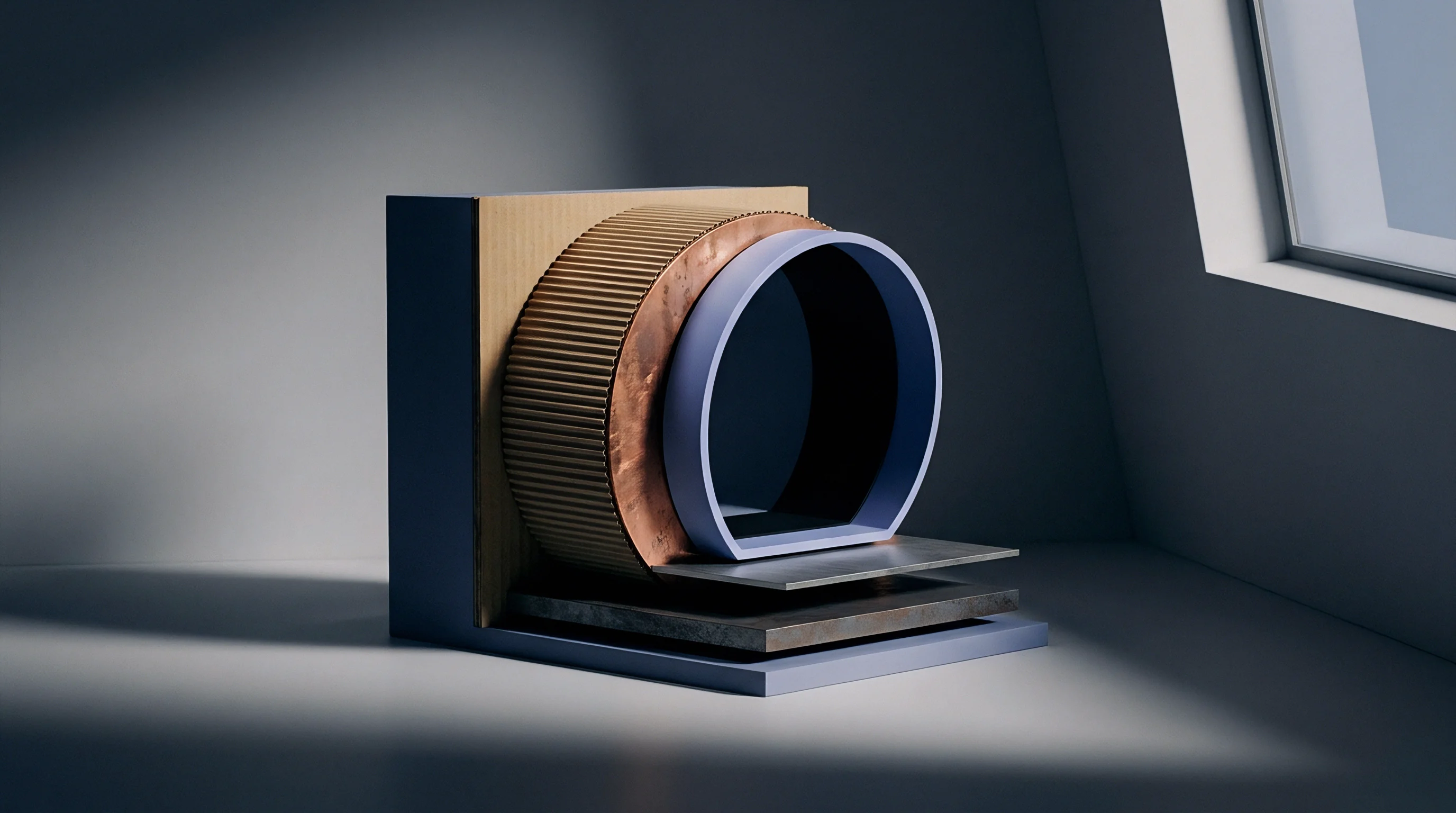A digital render exhibits layered modular components comprising textured metallic sheets, corrugated brass casing, and a blue circular plastic collar.