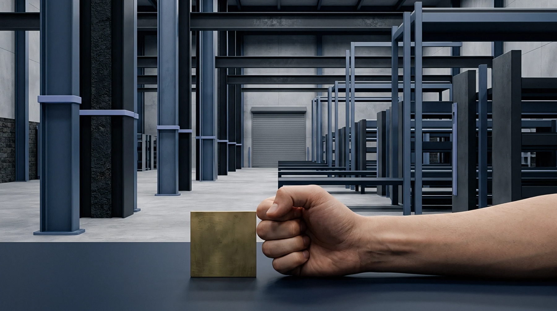 Solid metal block rests on a dark workbench next to a human arm inside an industrial production facility featuring structural steel columns.
