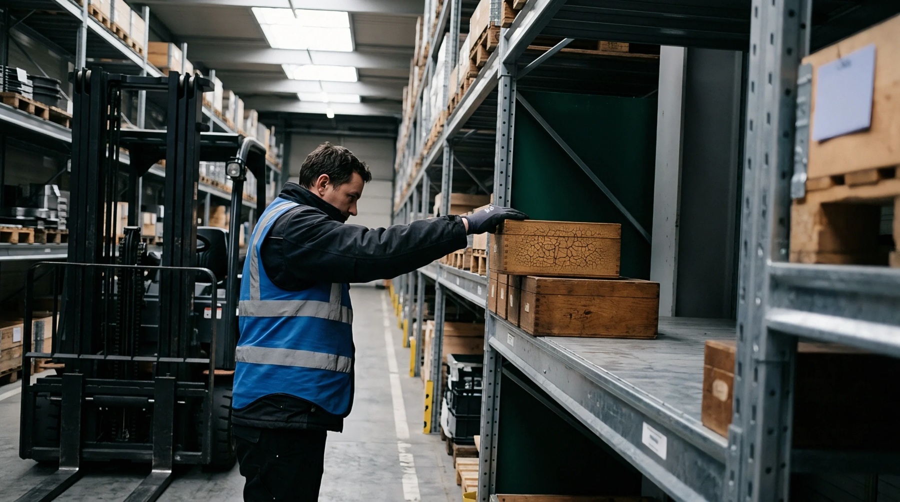 A worker wearing a high visibility vest organizes wooden component boxes on metal racking inside an industrial distribution facility.
