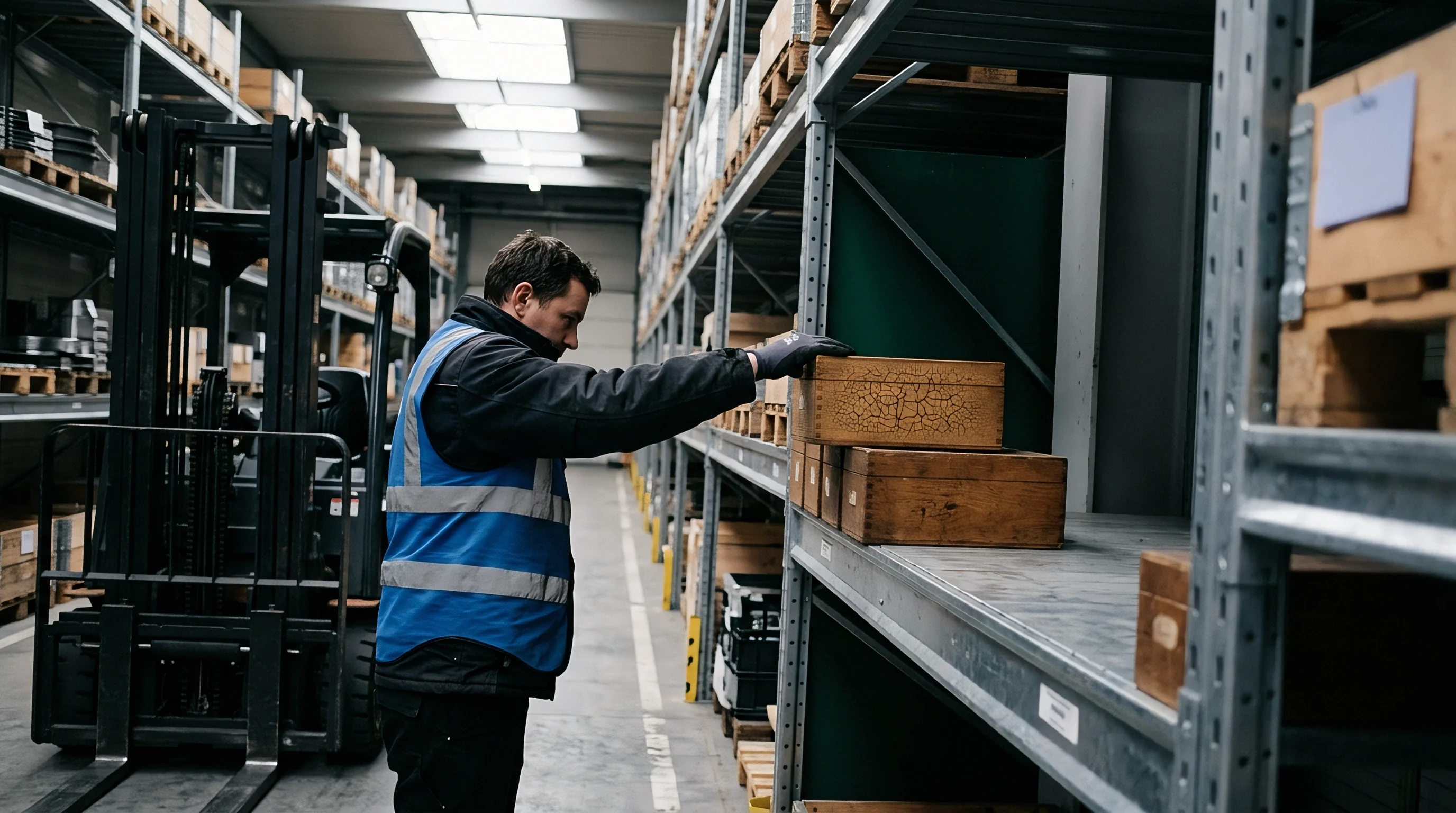 A worker wearing a high visibility vest organizes wooden component boxes on metal racking inside an industrial distribution facility.