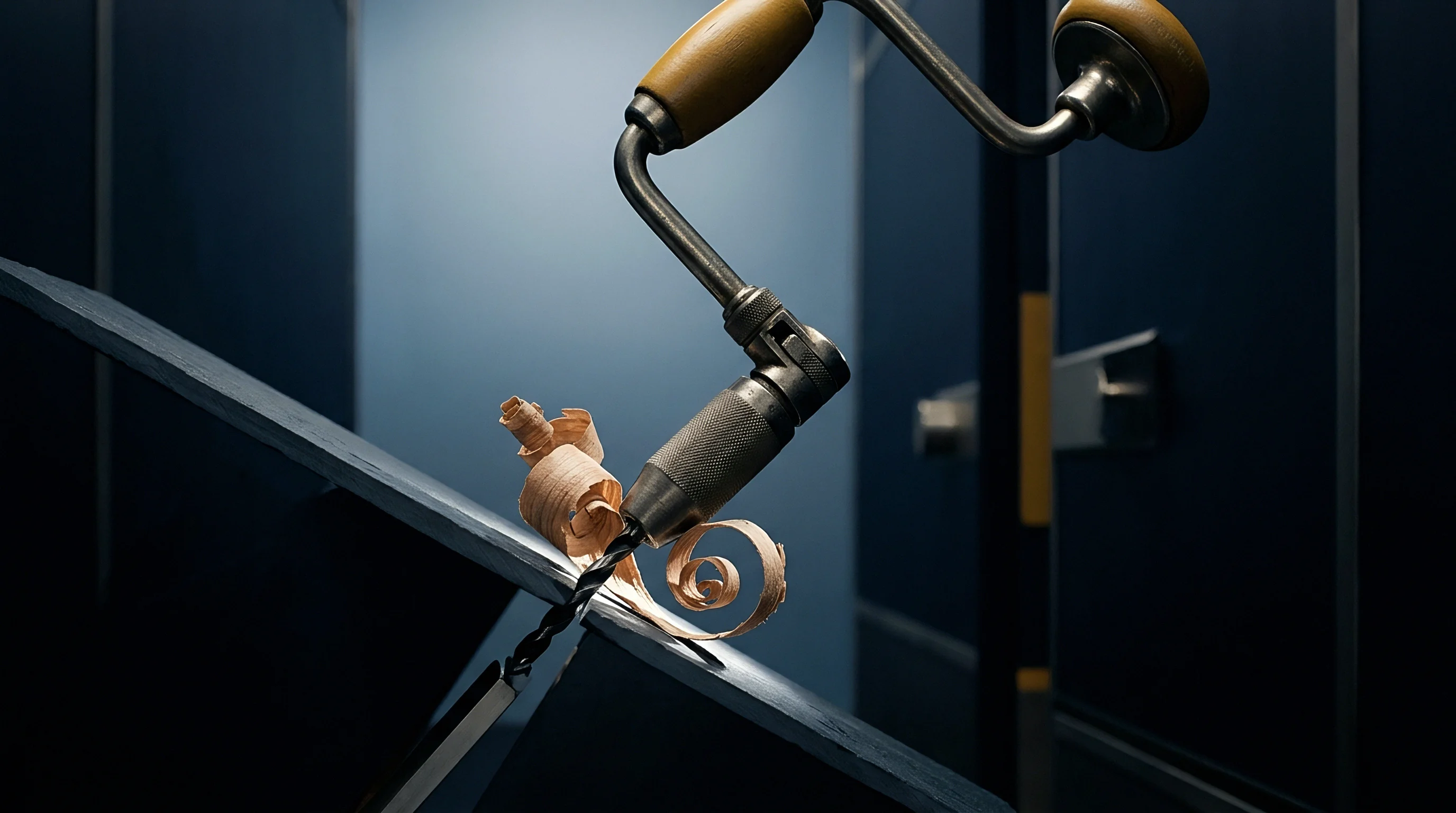 Manual hand brace drill removes material from a dark composite structural component within an organized industrial production environment.