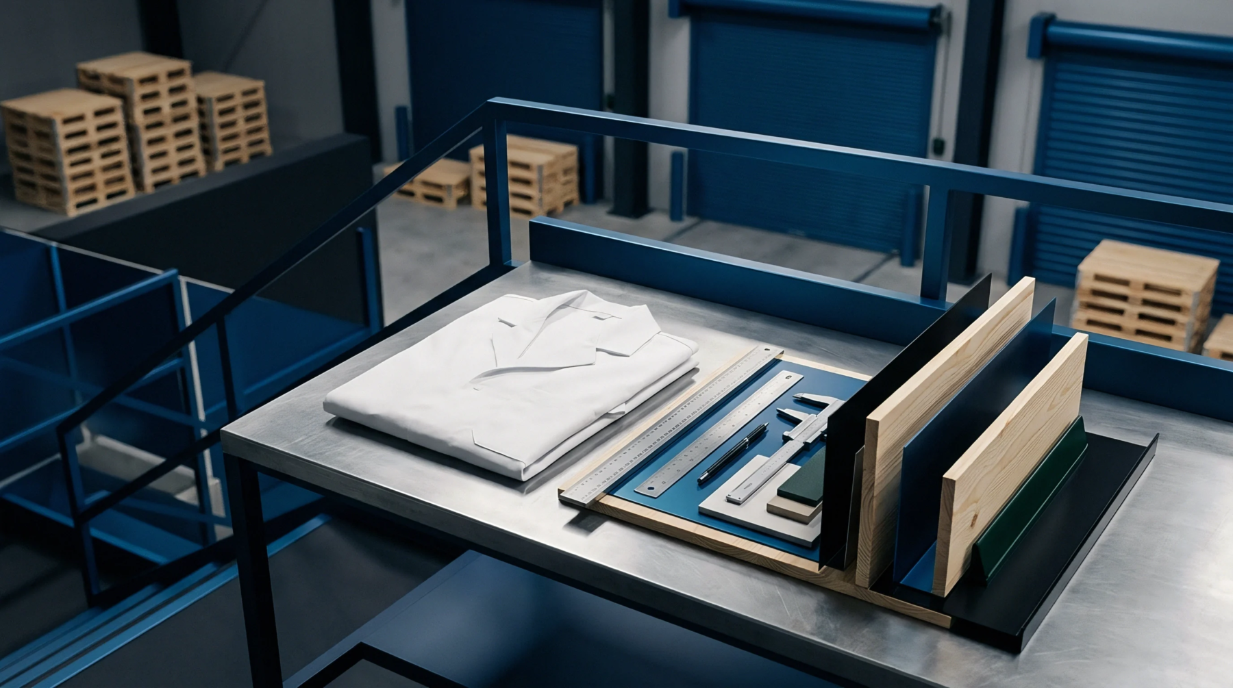 A folded white laboratory coat sits beside precision measurement tools and material samples on a steel workbench within a warehouse.