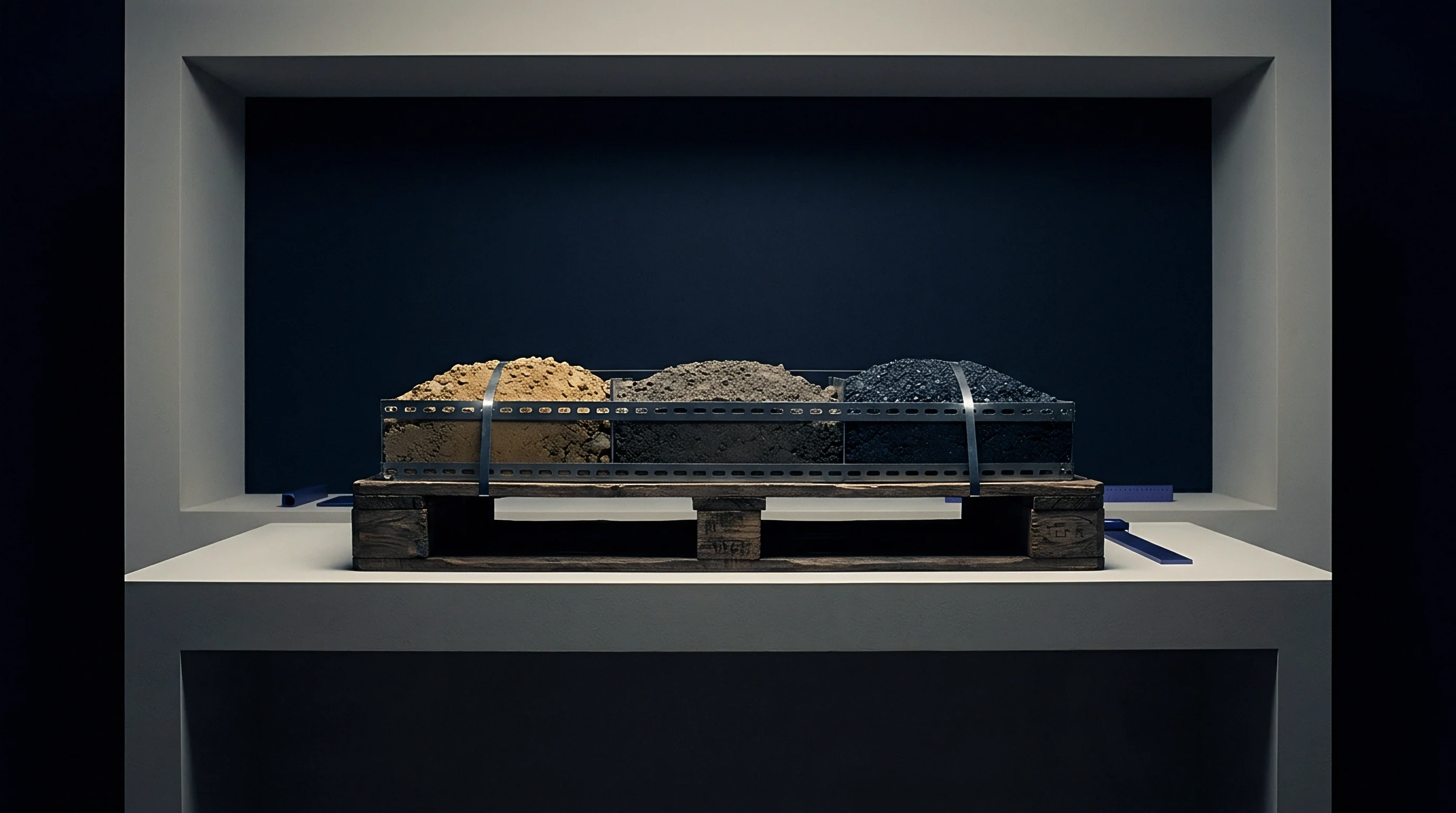 Three distinct particulate material samples rest in partitioned metal containers mounted on a wooden pallet inside a minimalist industrial display.