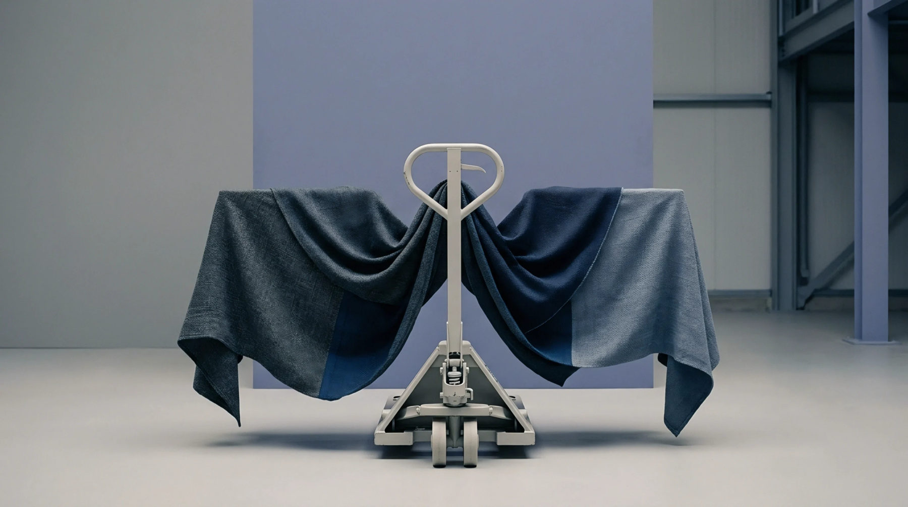 Industrial material handling equipment bears suspended woven textiles inside a pale industrial workspace configured for component assembly staging.