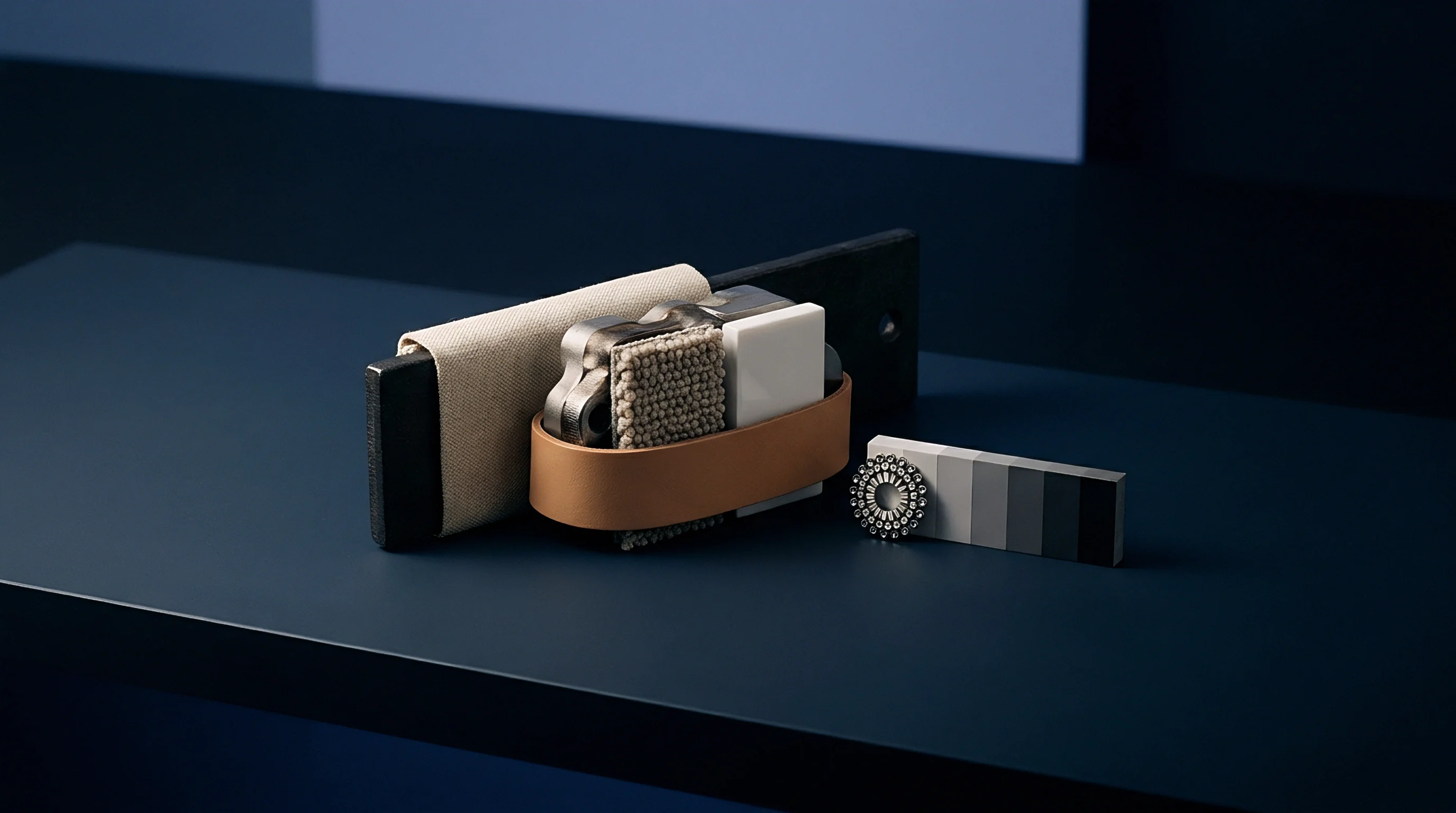Various material swatches, metal hardware, and component prototypes sit grouped on a table inside an industrial design facility.