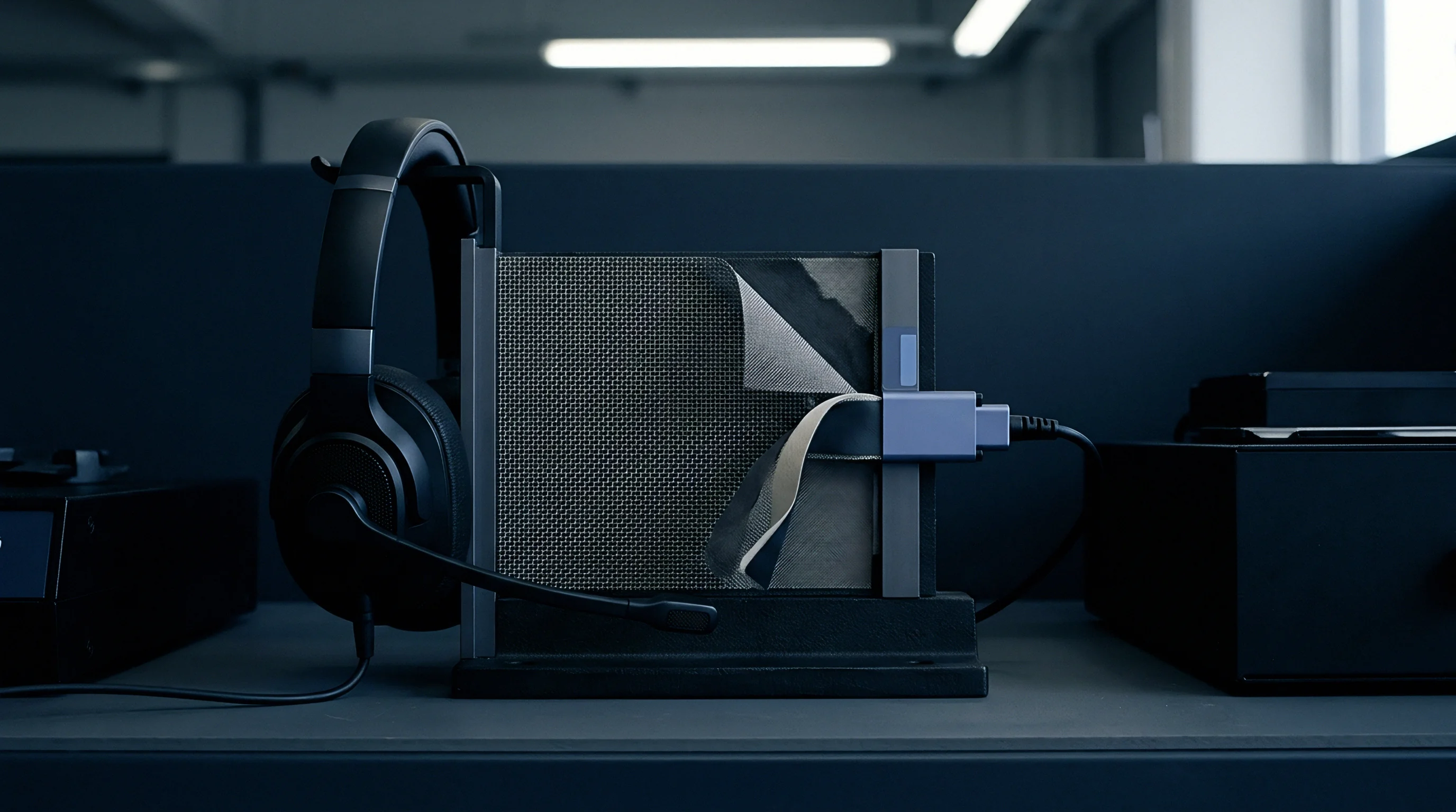 A headset sits beside a material testing rig where a fabric sample is undergoing automated inspection and connectivity analysis.