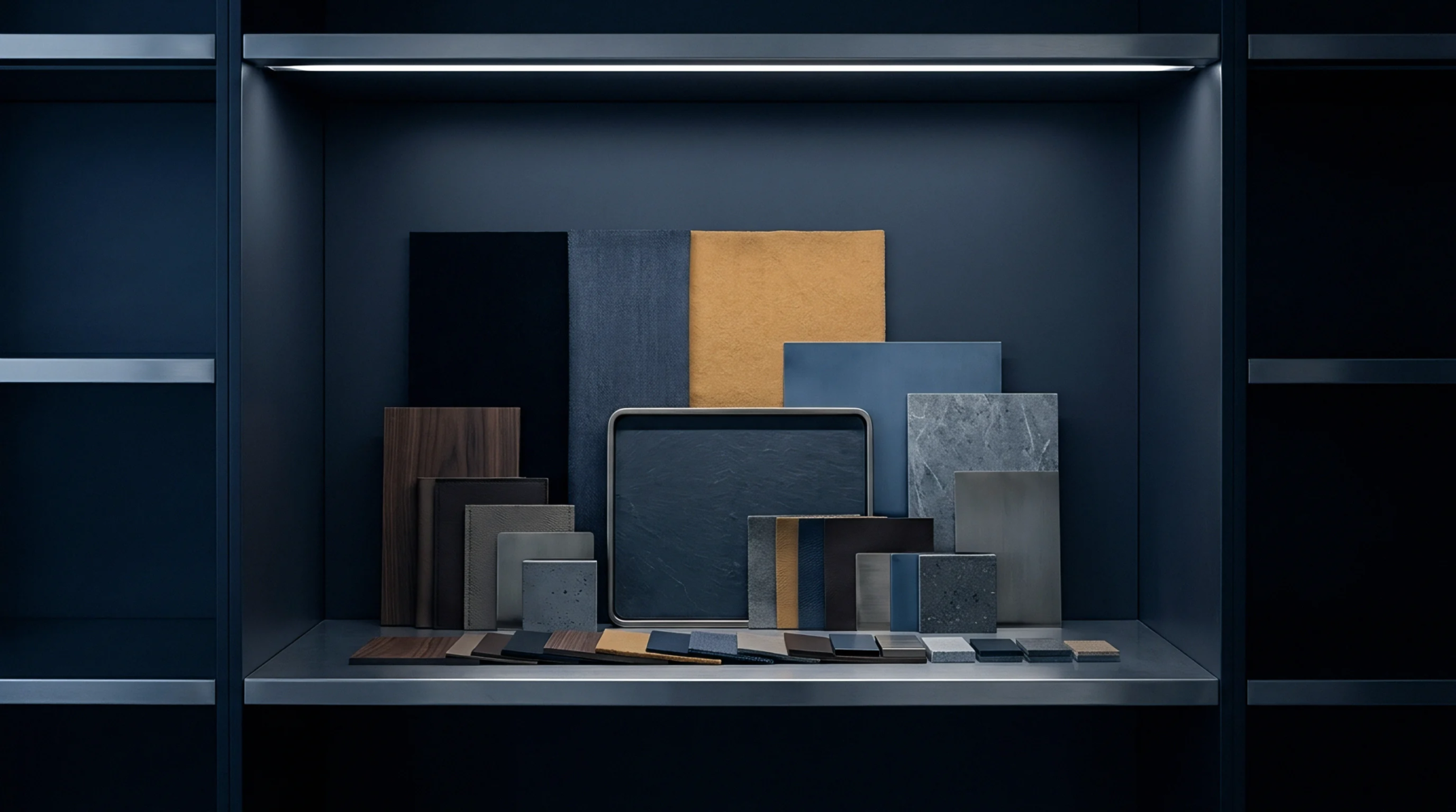 A curated display of diverse material samples including wood, stone, and various solid surfaces is arranged on a lit shelf.