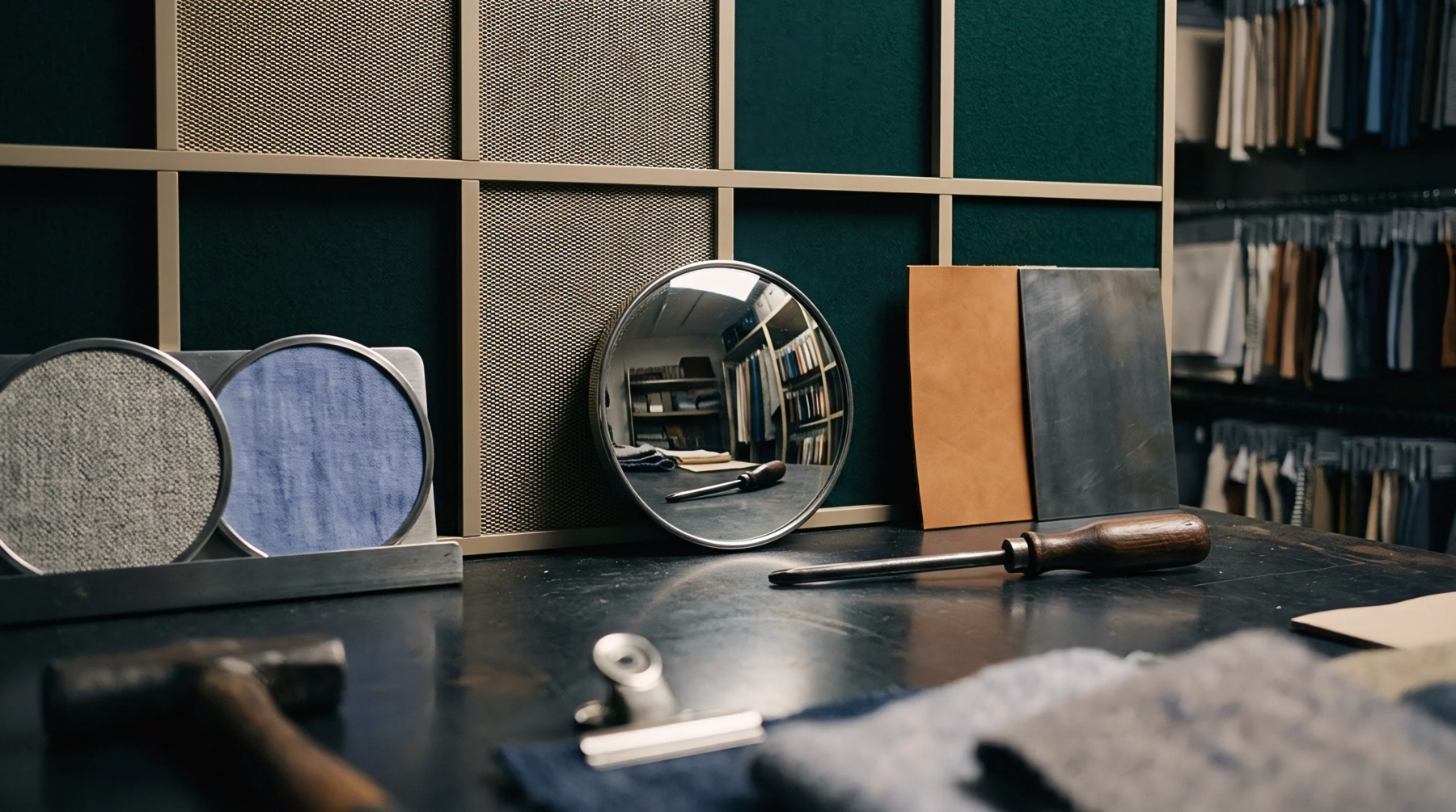 Raw textile samples and leather swatches lie on a dark workbench beside a circular convex inspection mirror reflecting an organized storage and production space.