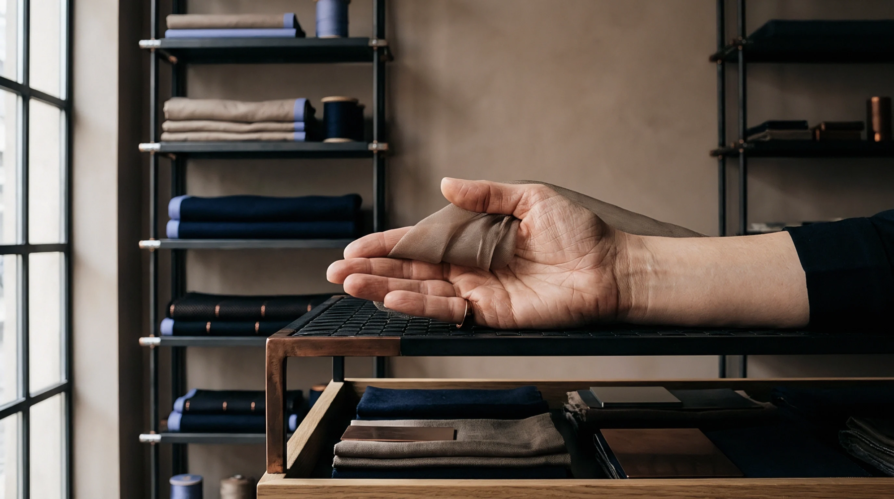 A human hand gently assesses a light tan fabric sample against organized textile stacks on shelving in a production material showroom.
