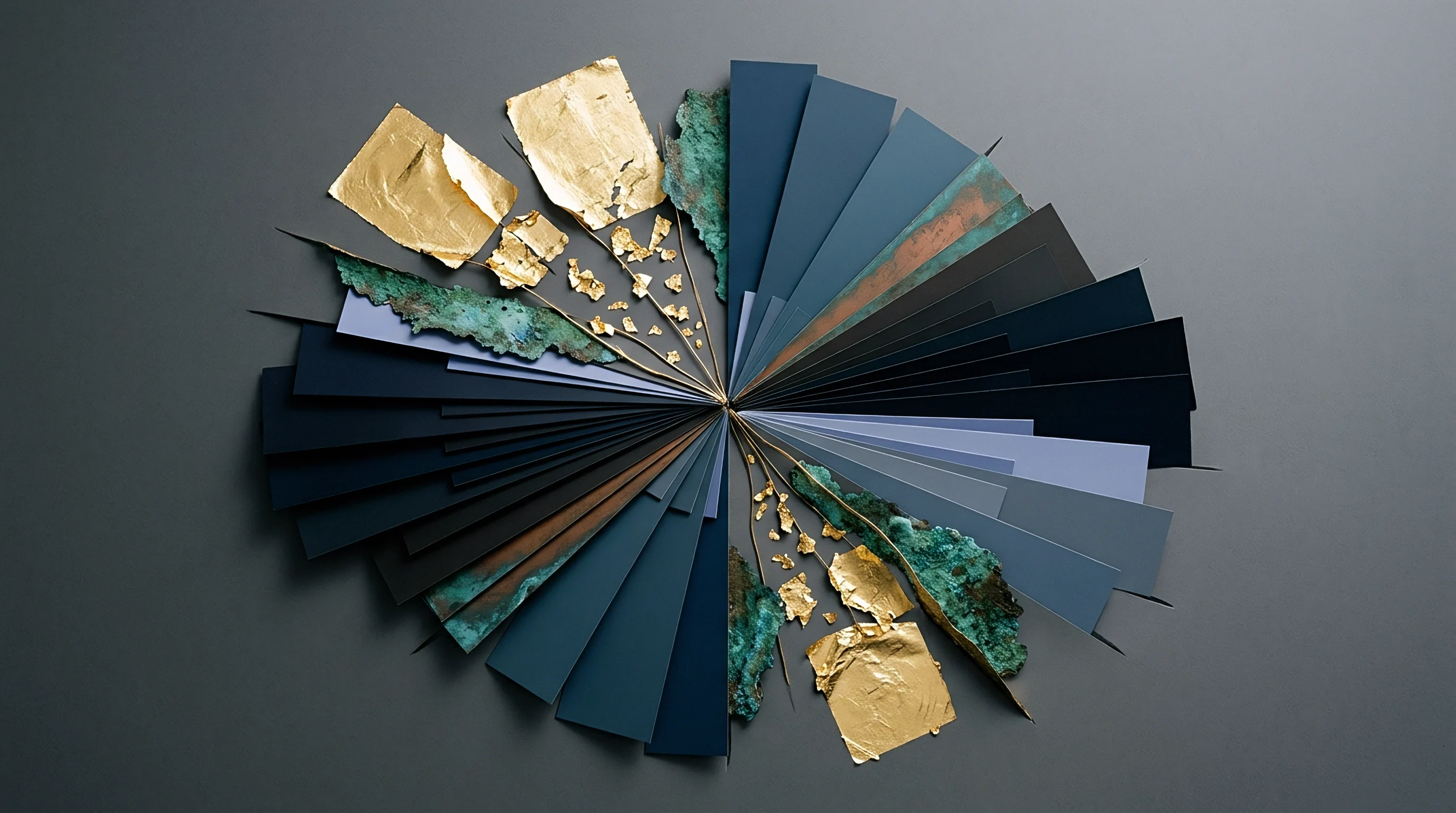 Rectangular blue swatches, gold metallic sheets, and oxidized copper fragments form a radial arrangement on a flat charcoal grey surface within this illustration.