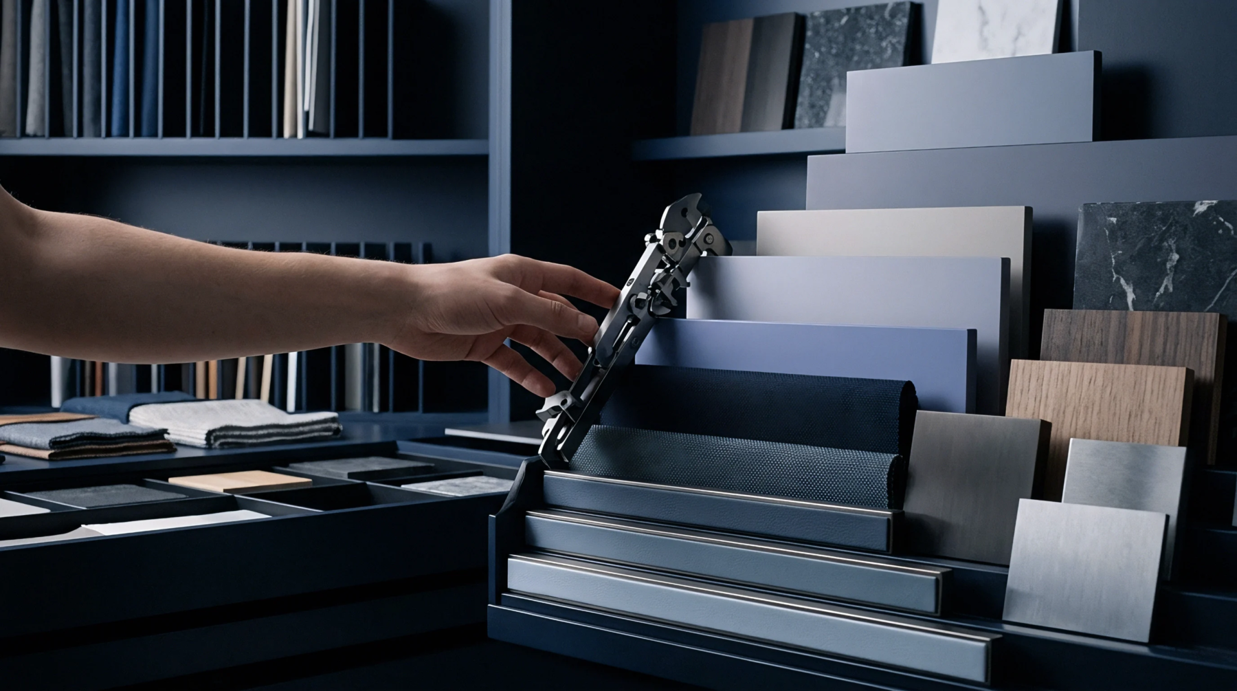 An industrial designer evaluates material samples using a precision gauge beside modular display racks in a dark production studio.