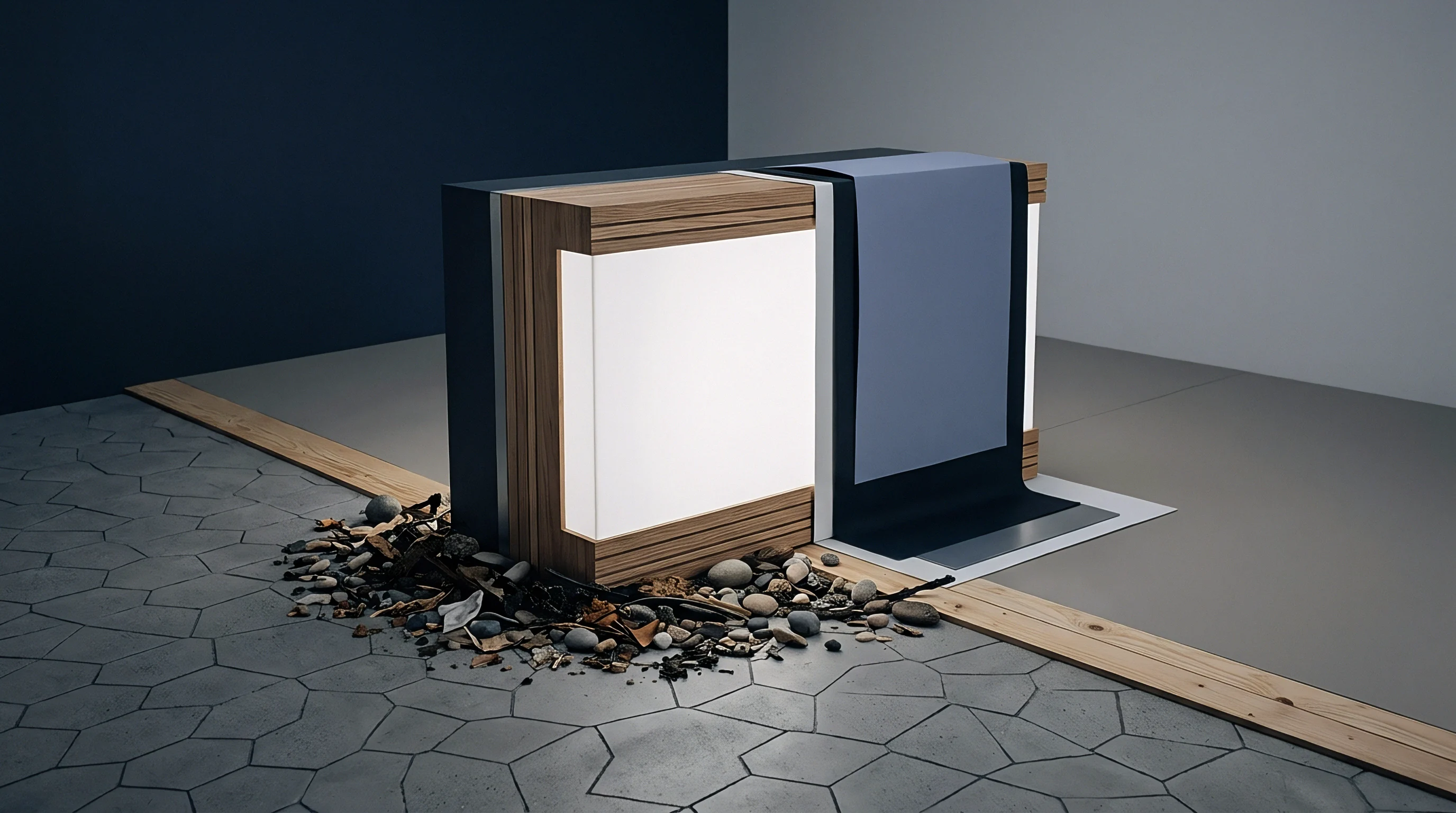 A modular industrial workstation bridges raw organic aggregate and finished engineered surfaces across contrasting production flooring materials.