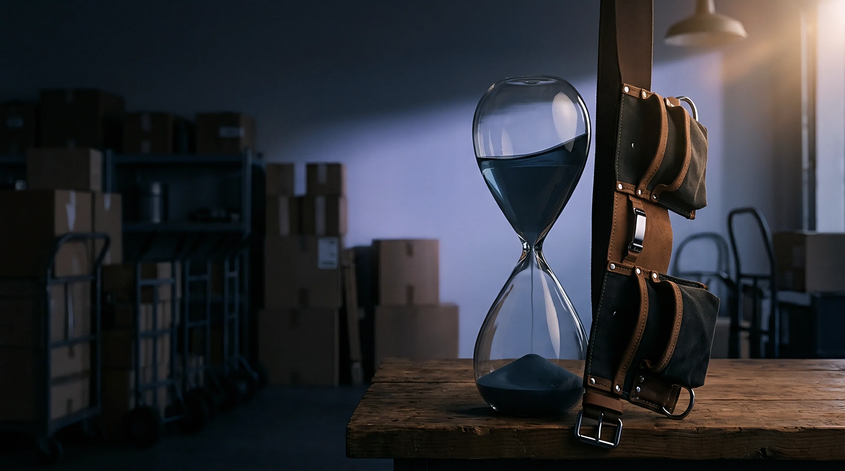 An hourglass with blue liquid and a worn leather utility belt sit upon a timber workbench inside an industrial warehouse space.