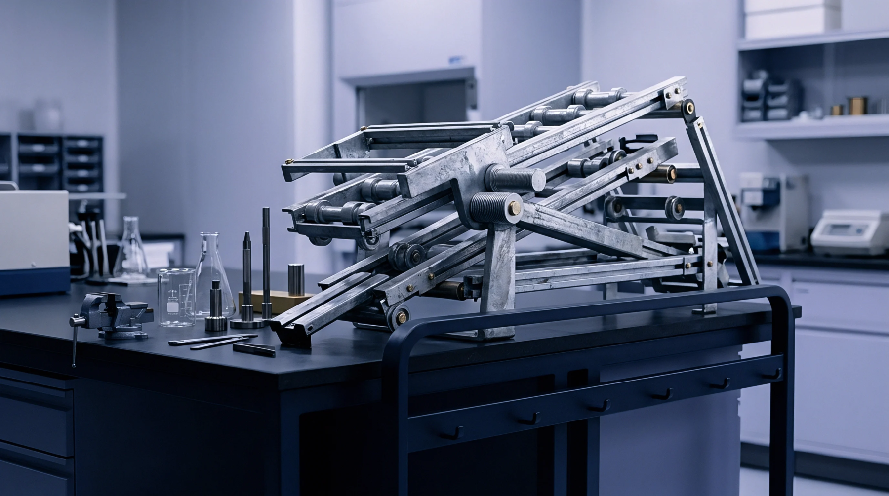 A metal conveyor mechanism sits on a dark workbench alongside laboratory glassware and small precision tools in a controlled manufacturing development environment.
